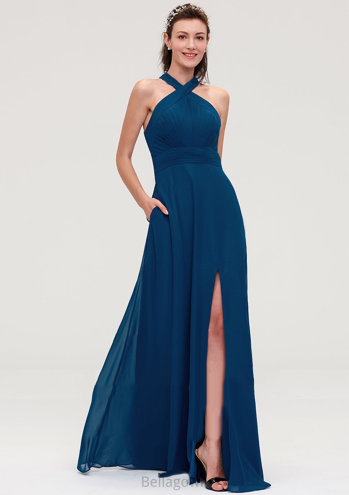 Scalloped Neck Sleeveless A-line/Princess Chiffon Long/Floor-Length Bridesmaid Dresseses With Split Pleated Nancy DNP0025424