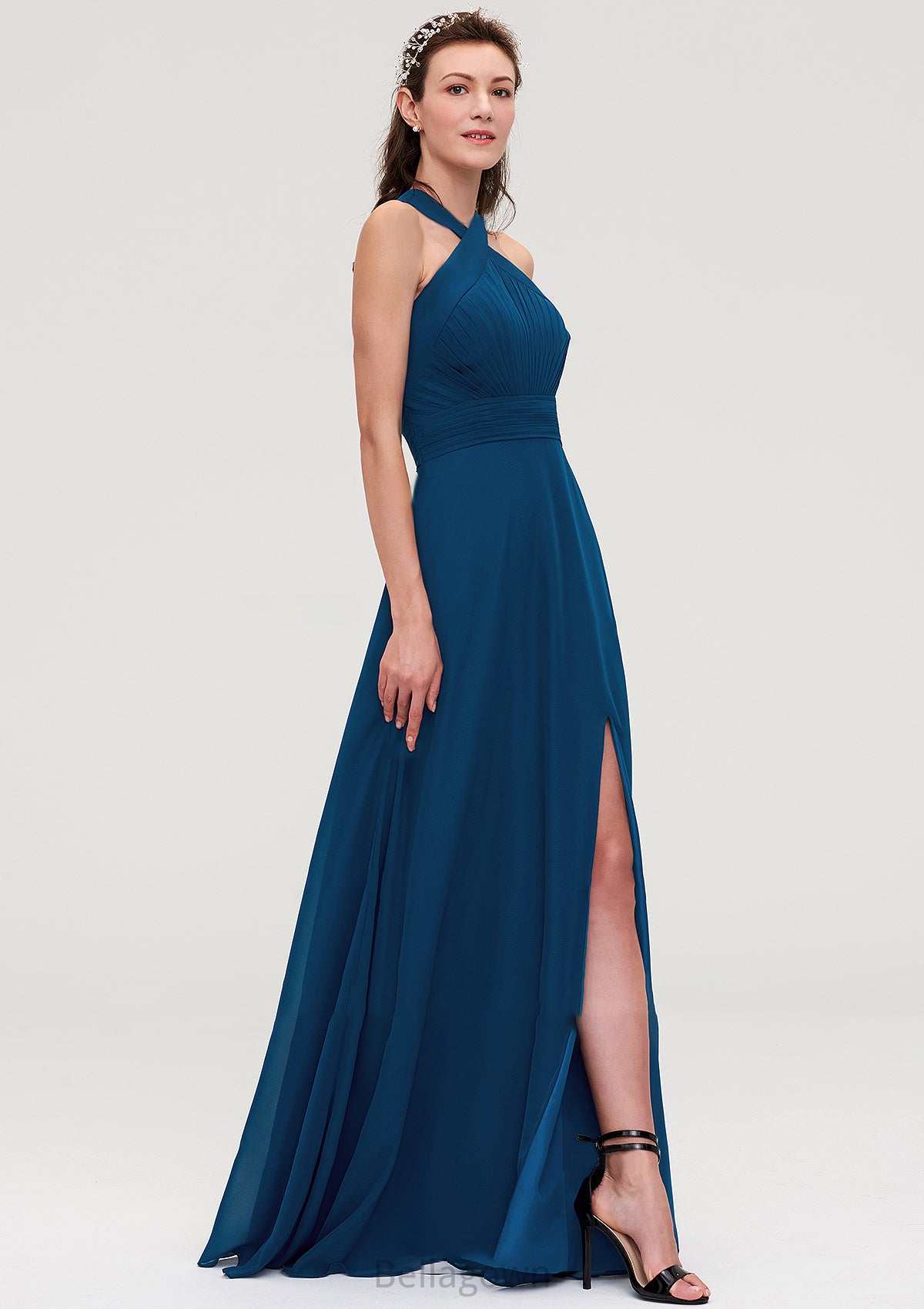 Scalloped Neck Sleeveless A-line/Princess Chiffon Long/Floor-Length Bridesmaid Dresseses With Split Pleated Nancy DNP0025424