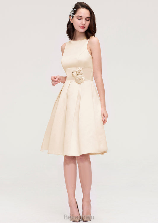 Sleeveless Bateau Knee-Length Satin A-line/Princess Bridesmaid Dresses With Pleated Flowers Janelle DNP0025425