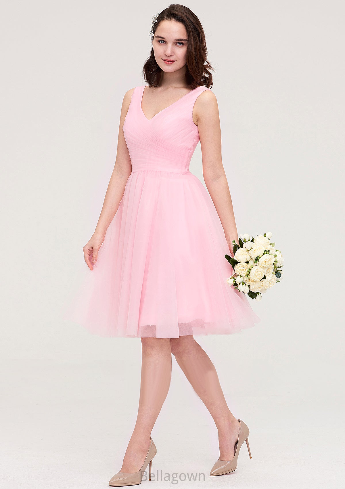 Sleeveless V Neck Knee-Length Tulle A-line/Princess Bridesmaid Dresses With Pleated Gabriella DNP0025426