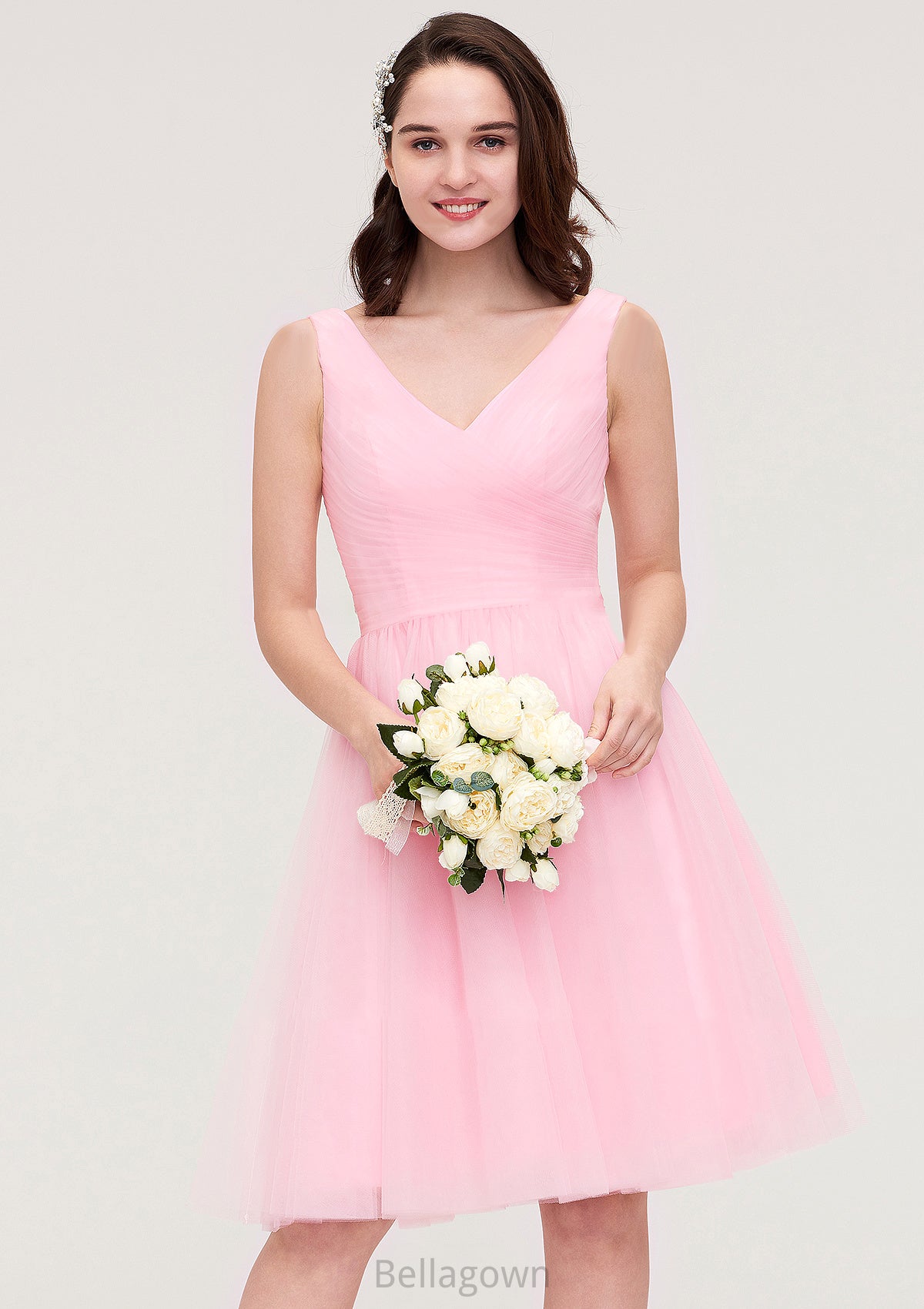 Sleeveless V Neck Knee-Length Tulle A-line/Princess Bridesmaid Dresses With Pleated Gabriella DNP0025426