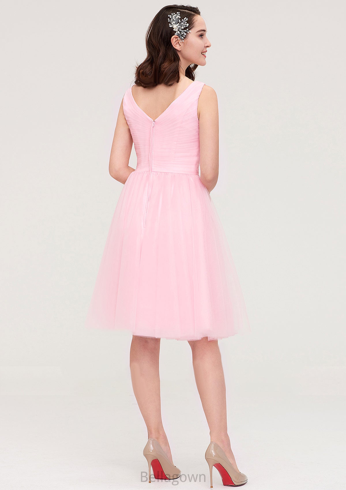 Sleeveless V Neck Knee-Length Tulle A-line/Princess Bridesmaid Dresses With Pleated Gabriella DNP0025426