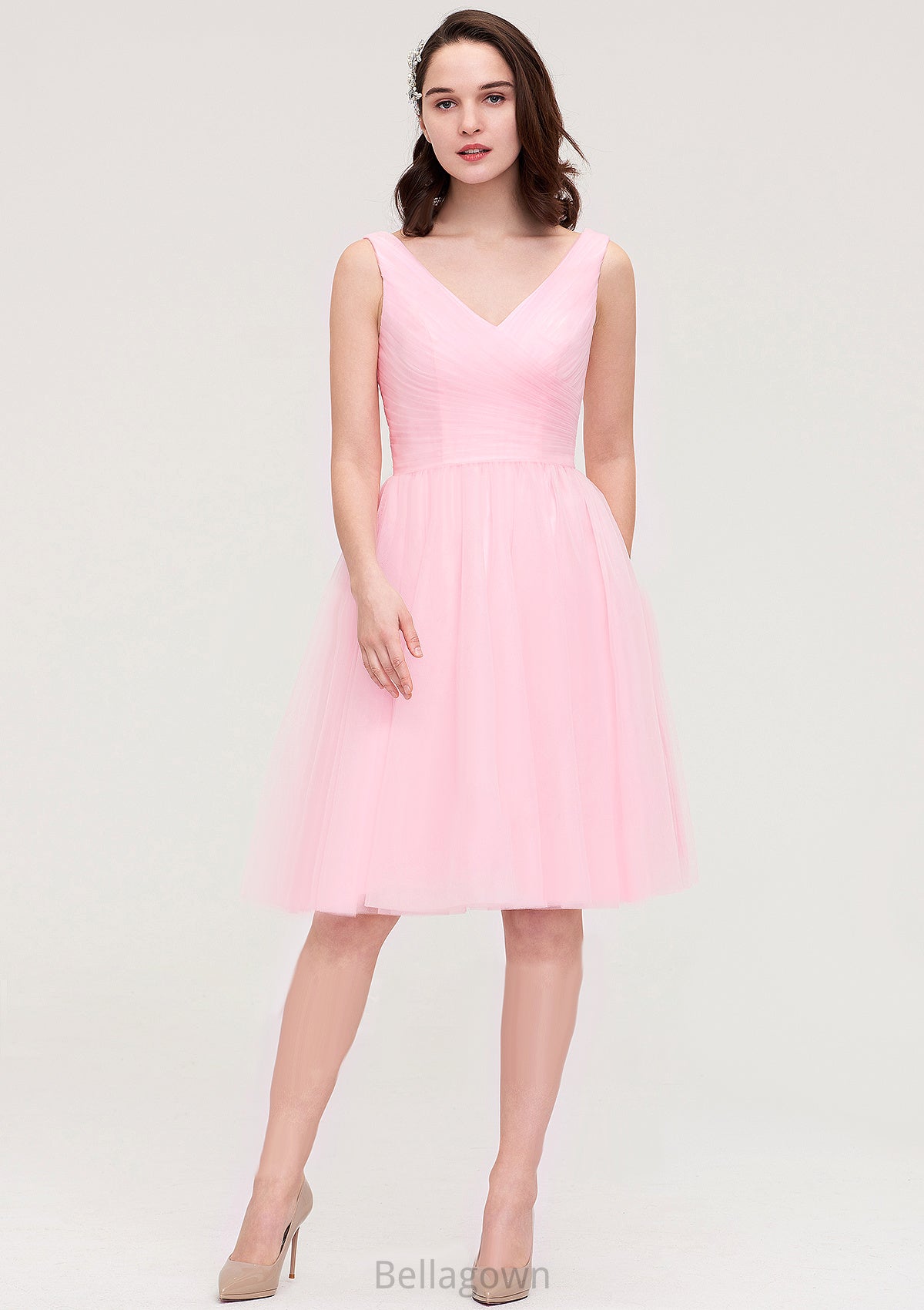 Sleeveless V Neck Knee-Length Tulle A-line/Princess Bridesmaid Dresses With Pleated Gabriella DNP0025426