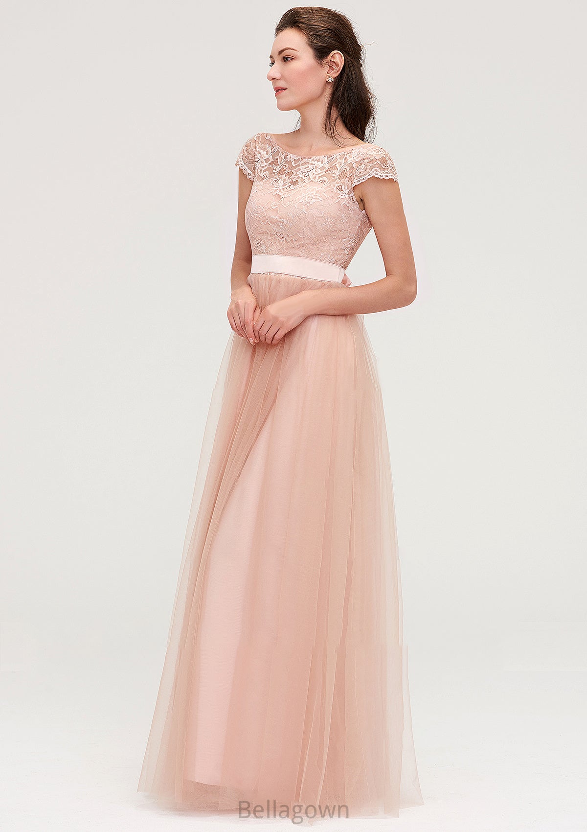 Bateau Sleeveless Tulle A-line/Princess Long/Floor-Length Bridesmaid Dresseses With Sashes Lace Amy DNP0025427