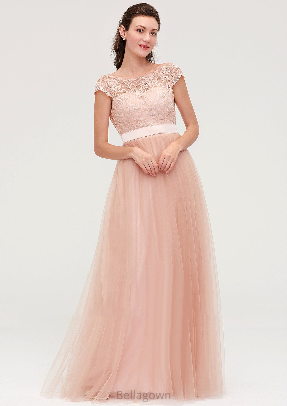 Bateau Sleeveless Tulle A-line/Princess Long/Floor-Length Bridesmaid Dresseses With Sashes Lace Amy DNP0025427