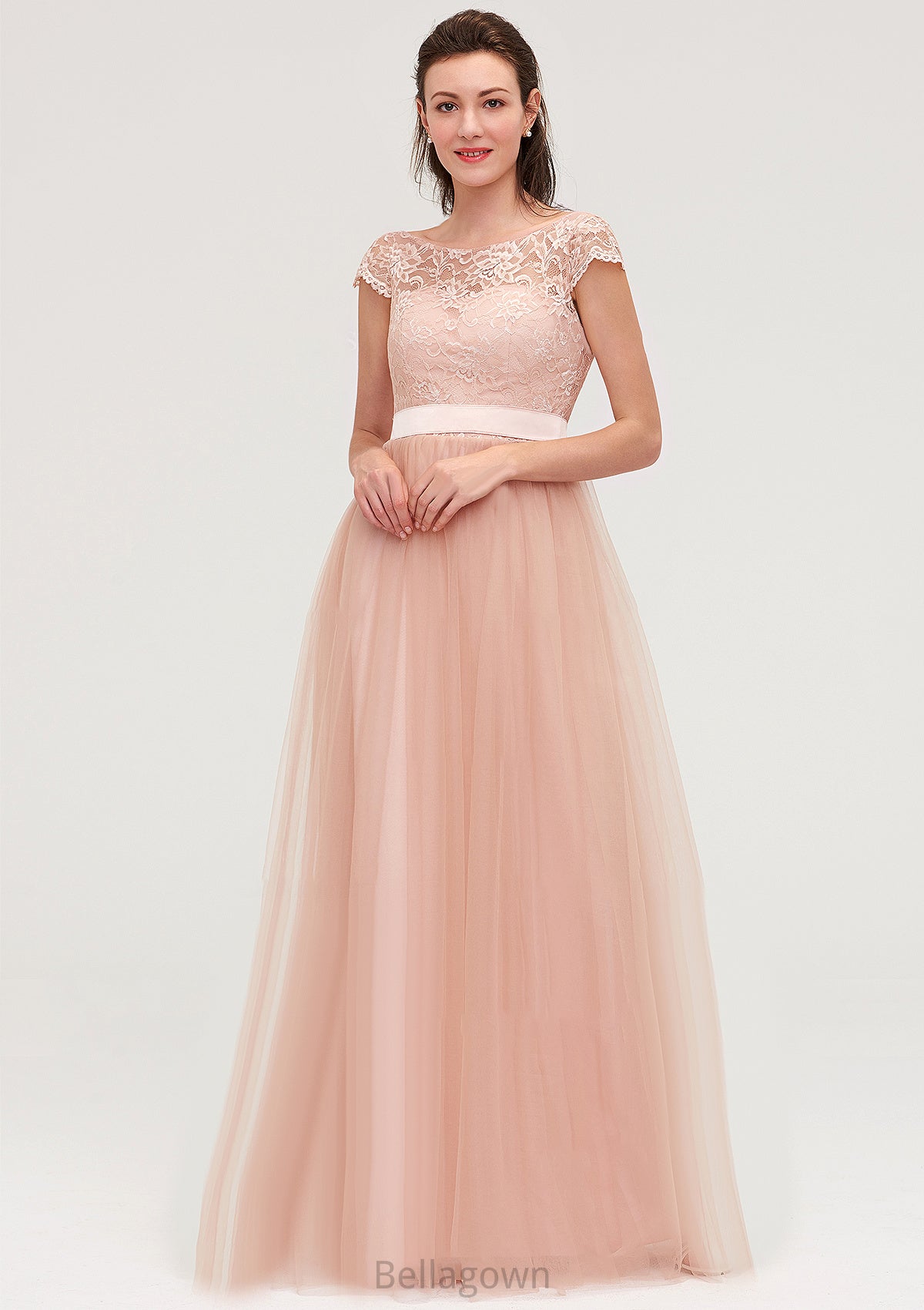 Bateau Sleeveless Tulle A-line/Princess Long/Floor-Length Bridesmaid Dresseses With Sashes Lace Amy DNP0025427