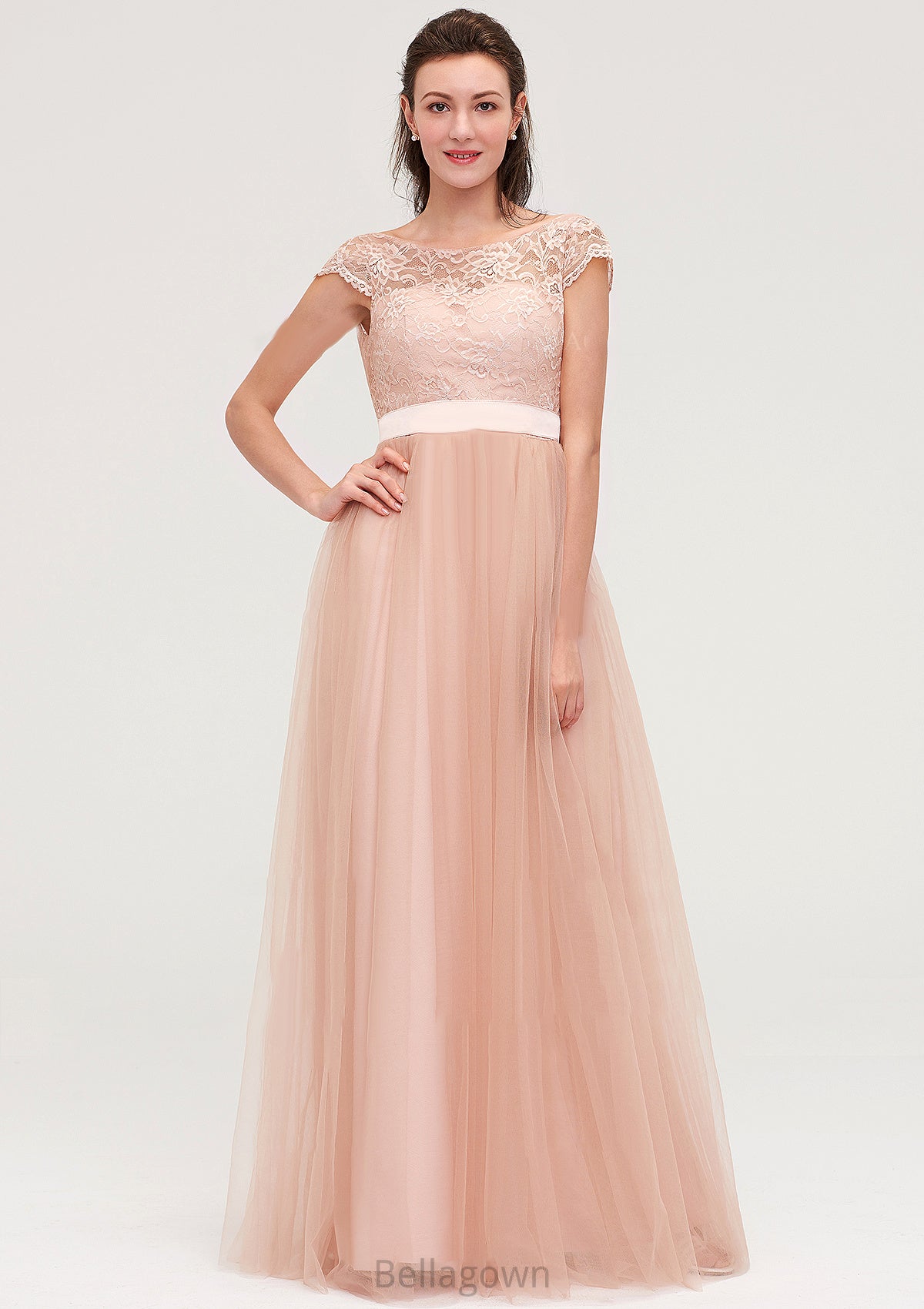 Bateau Sleeveless Tulle A-line/Princess Long/Floor-Length Bridesmaid Dresseses With Sashes Lace Amy DNP0025427