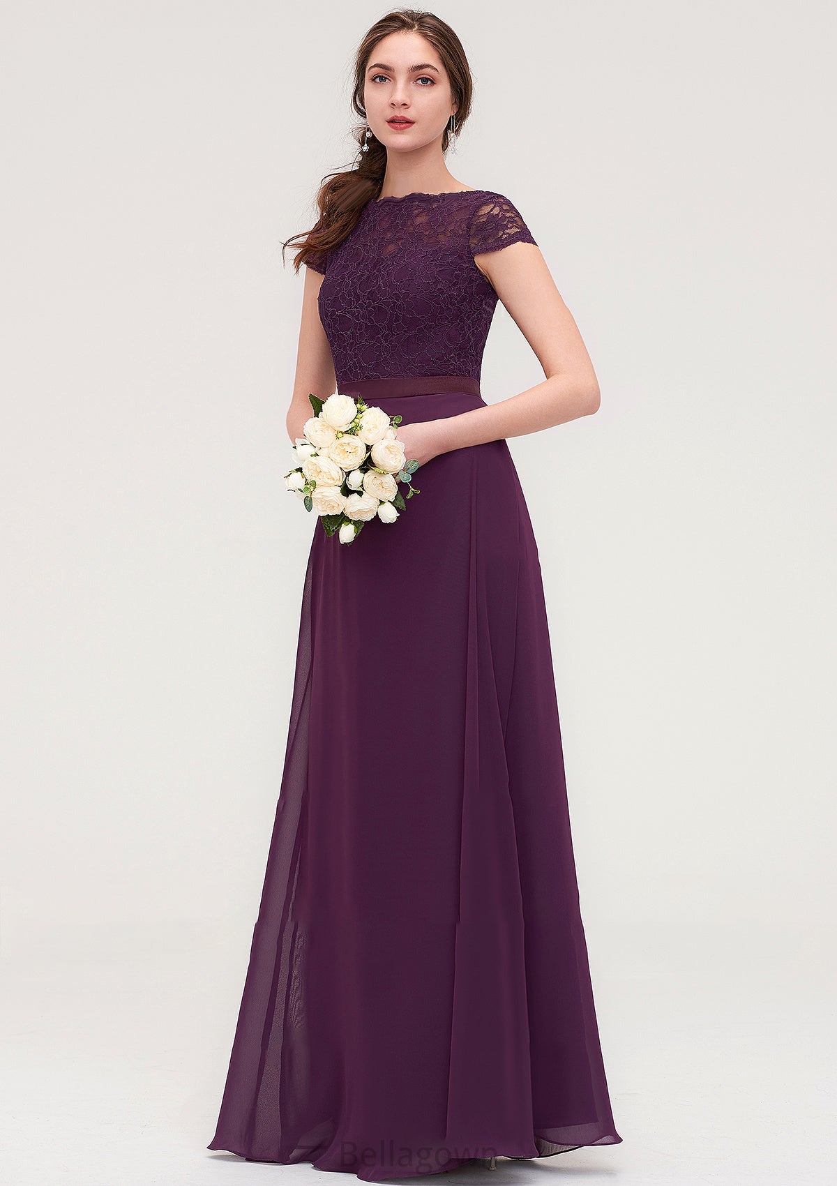 Short Sleeve Bateau Long/Floor-Length  Chiffon A-line/Princess Bridesmaid Dresses With Sashes Lace Theresa DNP0025428