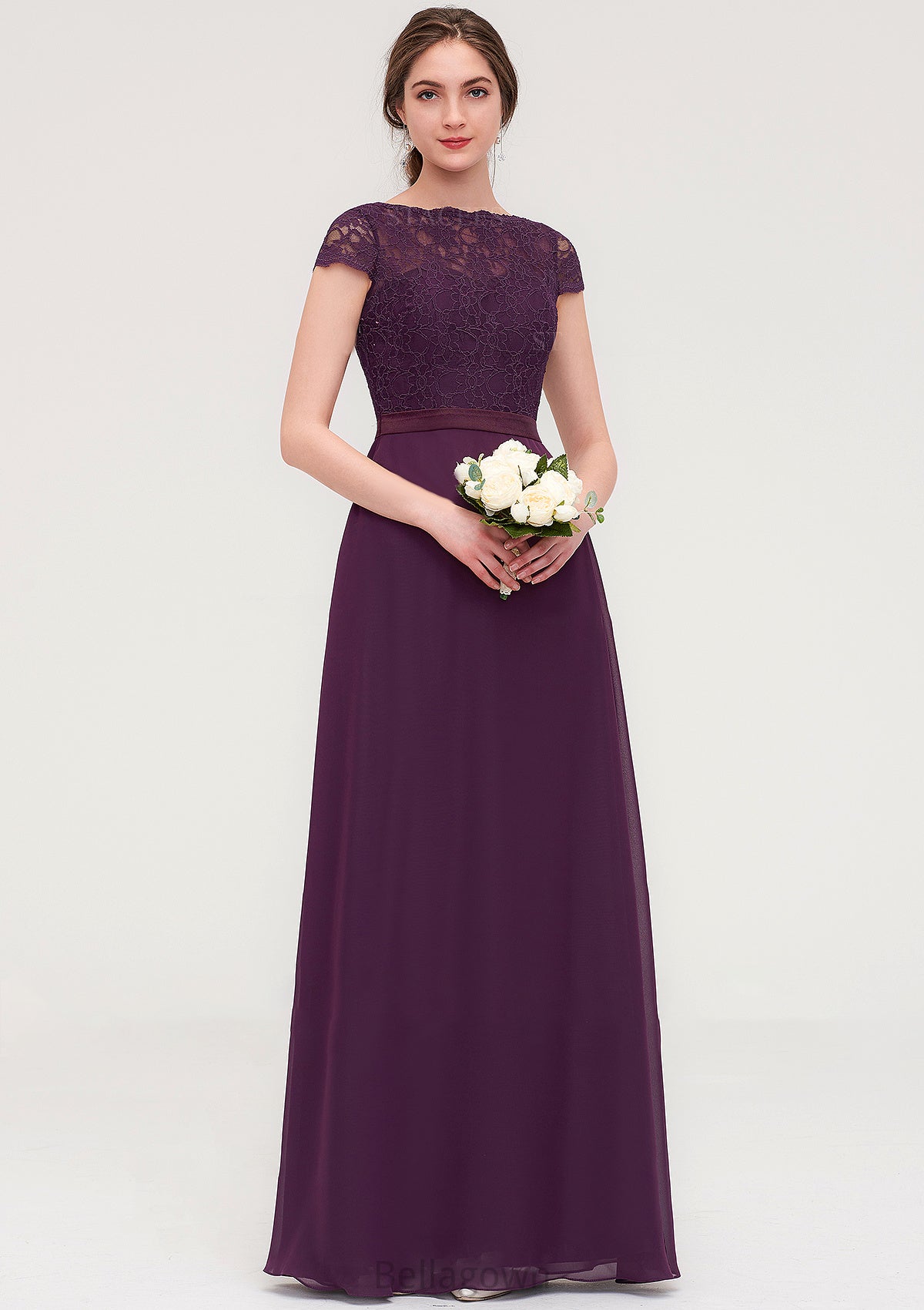 Short Sleeve Bateau Long/Floor-Length  Chiffon A-line/Princess Bridesmaid Dresses With Sashes Lace Theresa DNP0025428