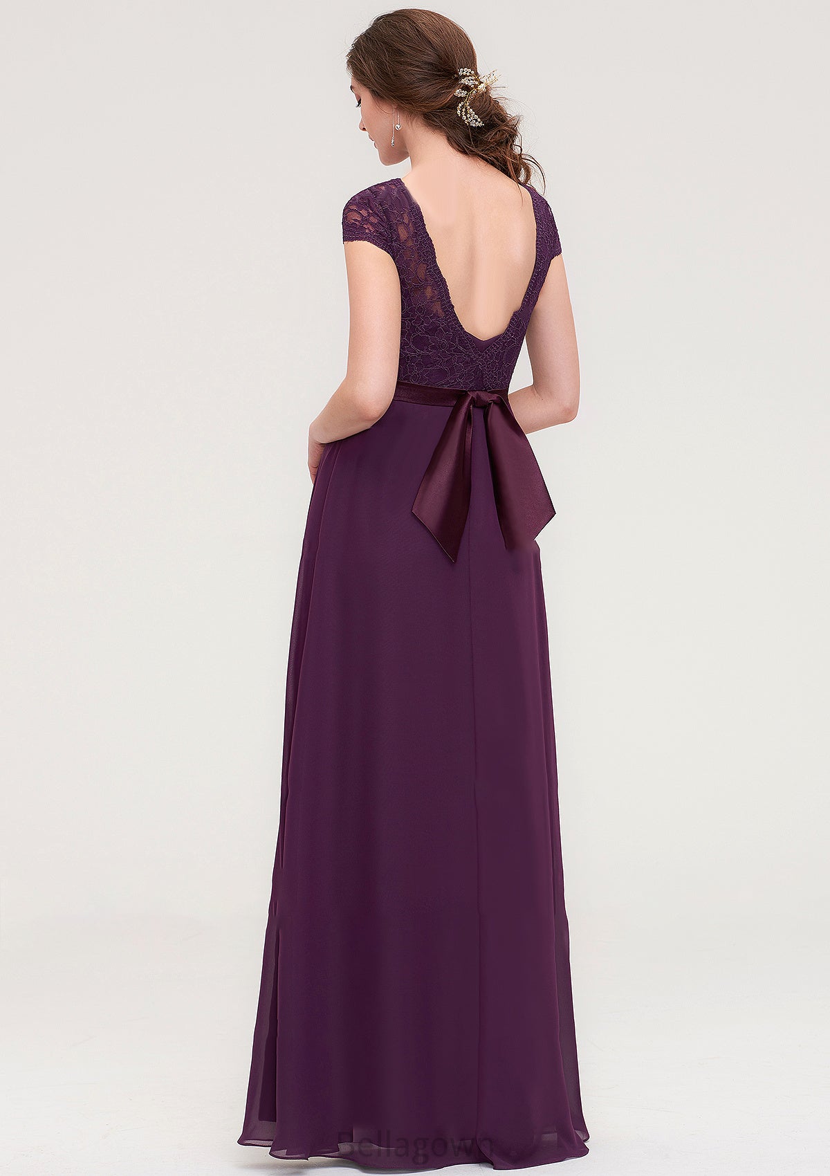 Short Sleeve Bateau Long/Floor-Length  Chiffon A-line/Princess Bridesmaid Dresses With Sashes Lace Theresa DNP0025428