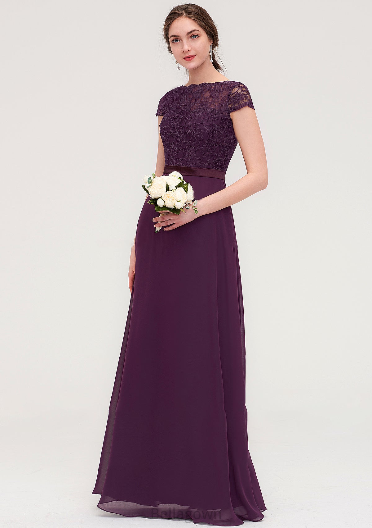 Short Sleeve Bateau Long/Floor-Length  Chiffon A-line/Princess Bridesmaid Dresses With Sashes Lace Theresa DNP0025428