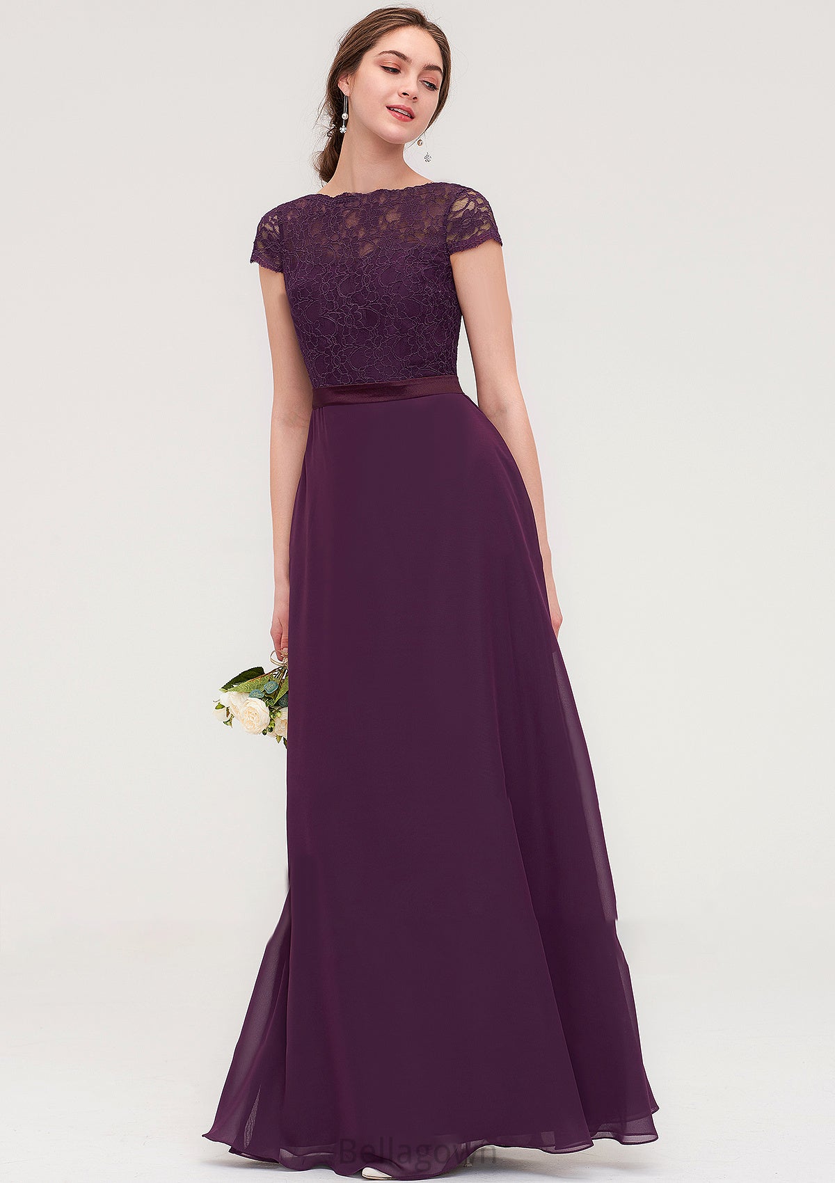 Short Sleeve Bateau Long/Floor-Length  Chiffon A-line/Princess Bridesmaid Dresses With Sashes Lace Theresa DNP0025428