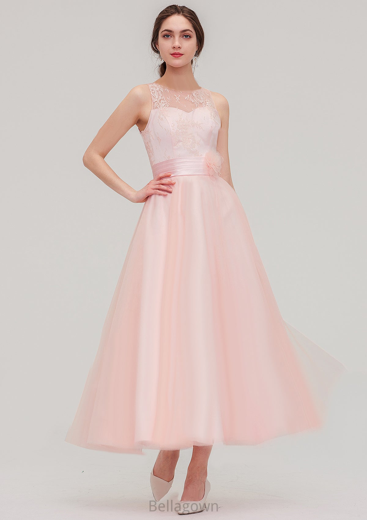 Tea-Length Sleeveless Bateau Tulle A-line/Princess Bridesmaid Dresses With Waistband Lace Gianna DNP0025429