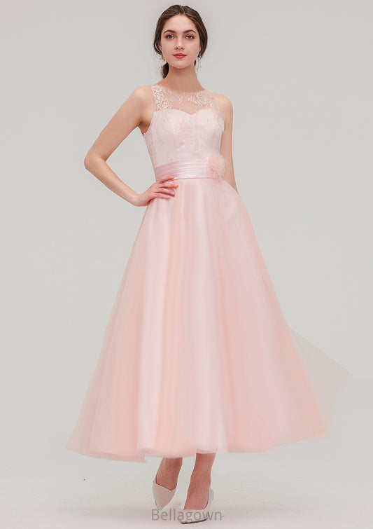 Tea-Length Sleeveless Bateau Tulle A-line/Princess Bridesmaid Dresses With Waistband Lace Gianna DNP0025429