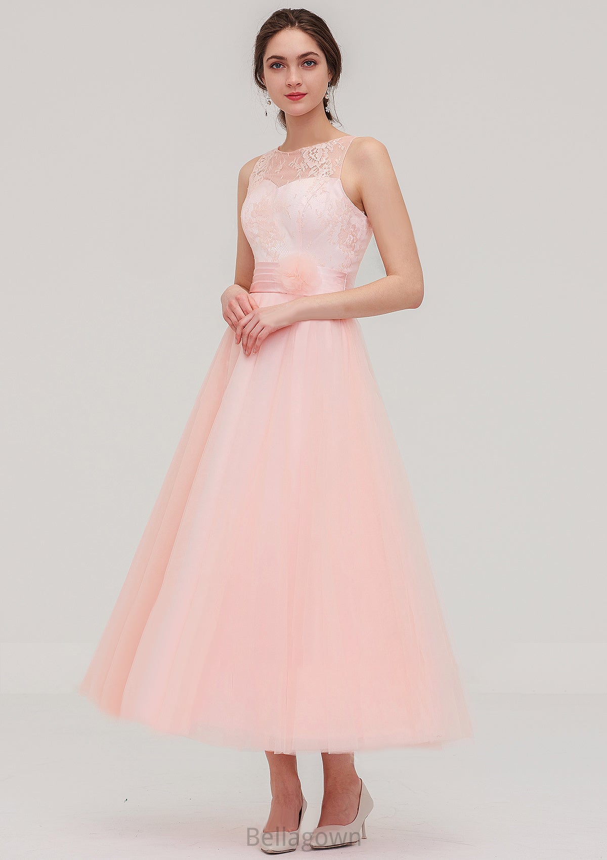 Tea-Length Sleeveless Bateau Tulle A-line/Princess Bridesmaid Dresses With Waistband Lace Gianna DNP0025429