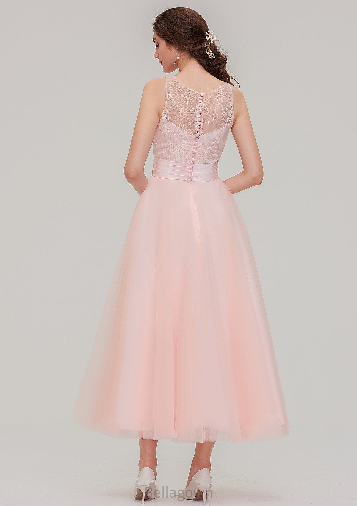 Tea-Length Sleeveless Bateau Tulle A-line/Princess Bridesmaid Dresses With Waistband Lace Gianna DNP0025429