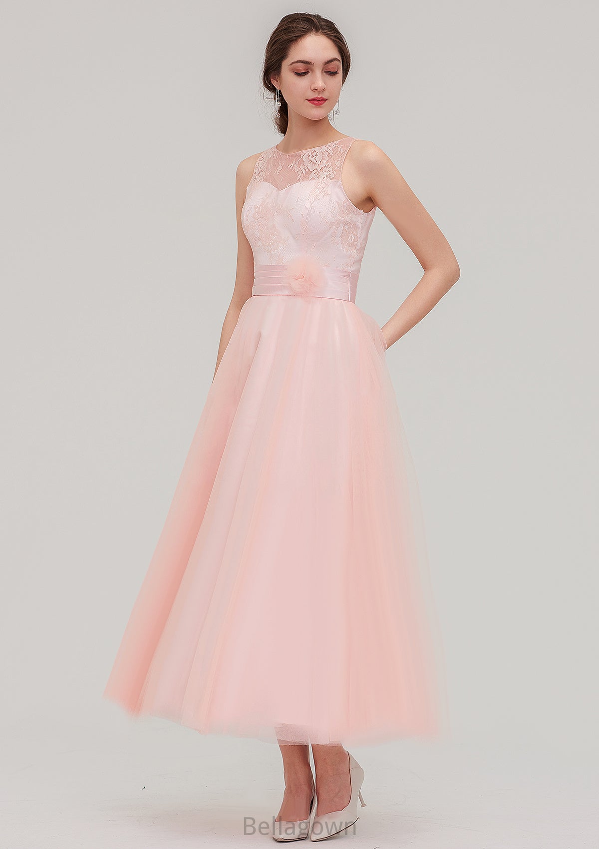 Tea-Length Sleeveless Bateau Tulle A-line/Princess Bridesmaid Dresses With Waistband Lace Gianna DNP0025429