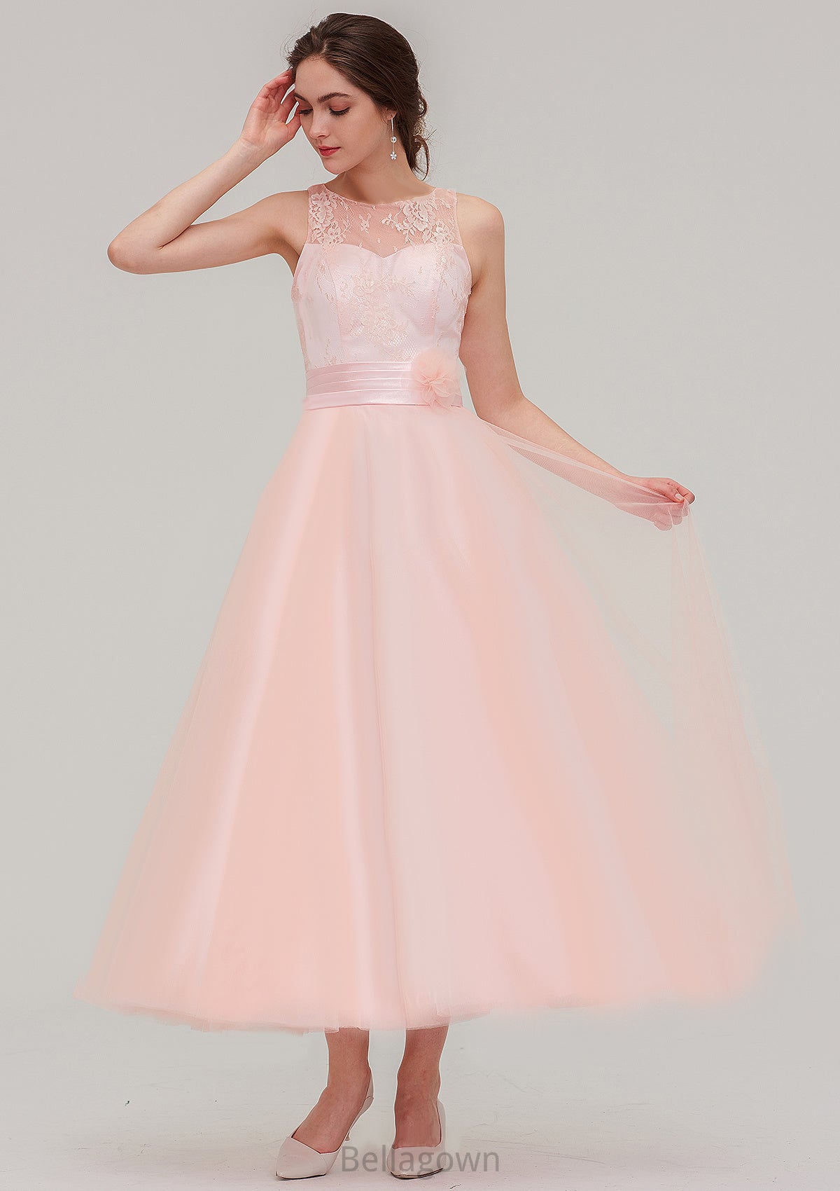 Tea-Length Sleeveless Bateau Tulle A-line/Princess Bridesmaid Dresses With Waistband Lace Gianna DNP0025429