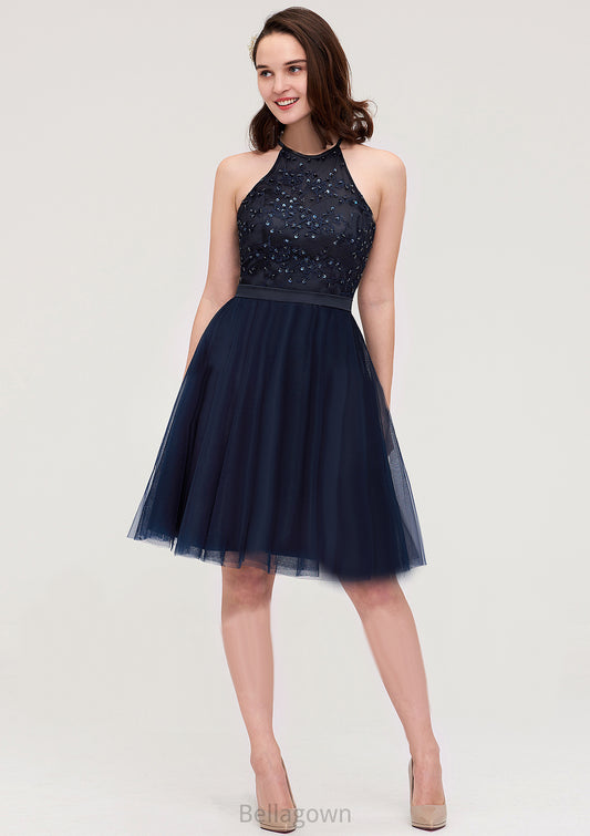 Sleeveless Halter Knee-Length Tulle A-line/Princess Bridesmaid Dresses With Sequins Appliqued Sashes Alia DNP0025430