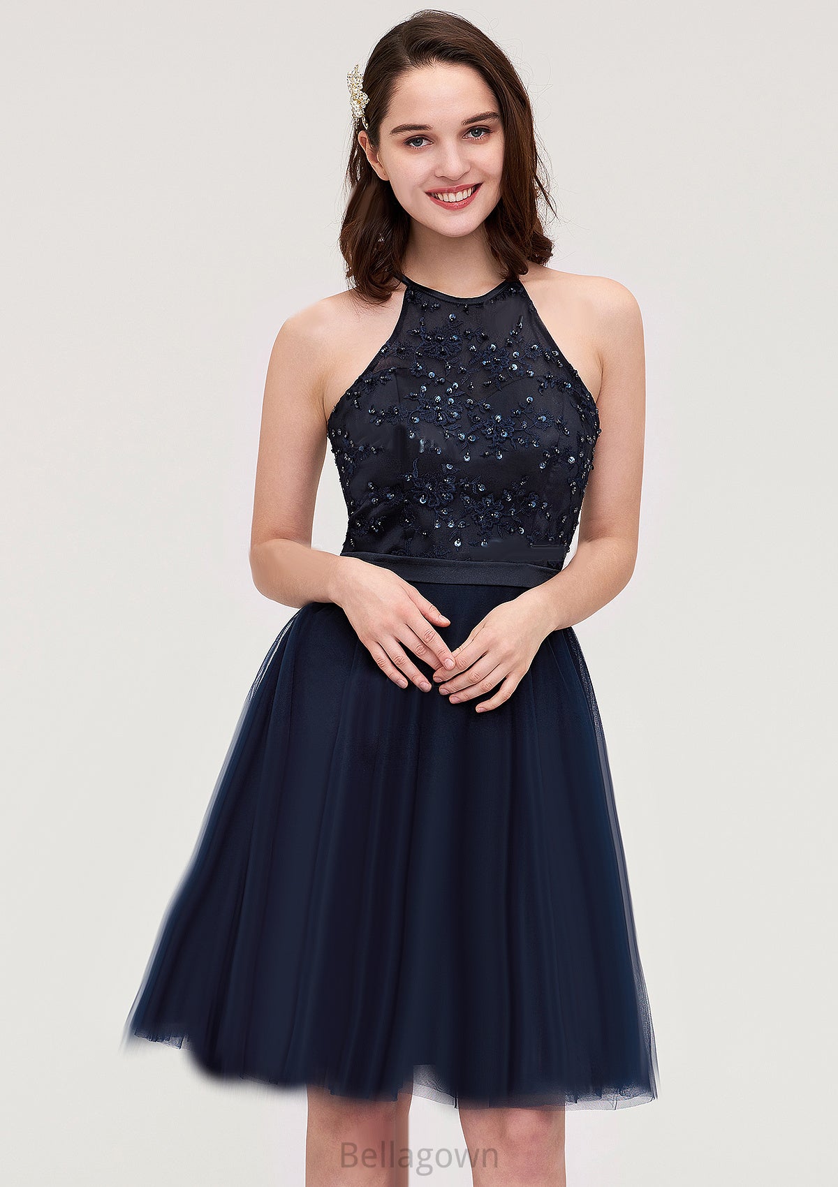 Sleeveless Halter Knee-Length Tulle A-line/Princess Bridesmaid Dresses With Sequins Appliqued Sashes Alia DNP0025430