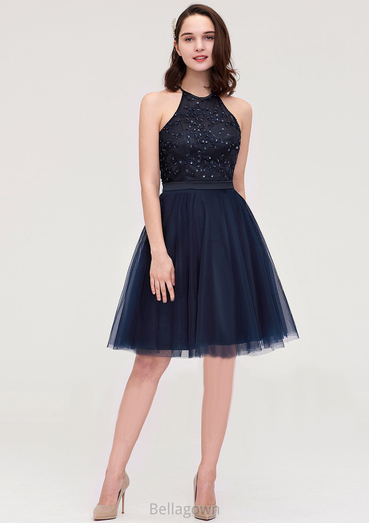 Sleeveless Halter Knee-Length Tulle A-line/Princess Bridesmaid Dresses With Sequins Appliqued Sashes Alia DNP0025430