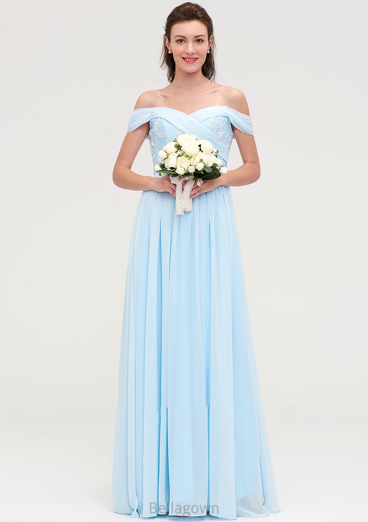 Off-the-Shoulder Sleeveless Chiffon A-line/Princess Long/Floor-Length Bridesmaid Dresseses With Pleated Appliqued Lacey DNP0025431