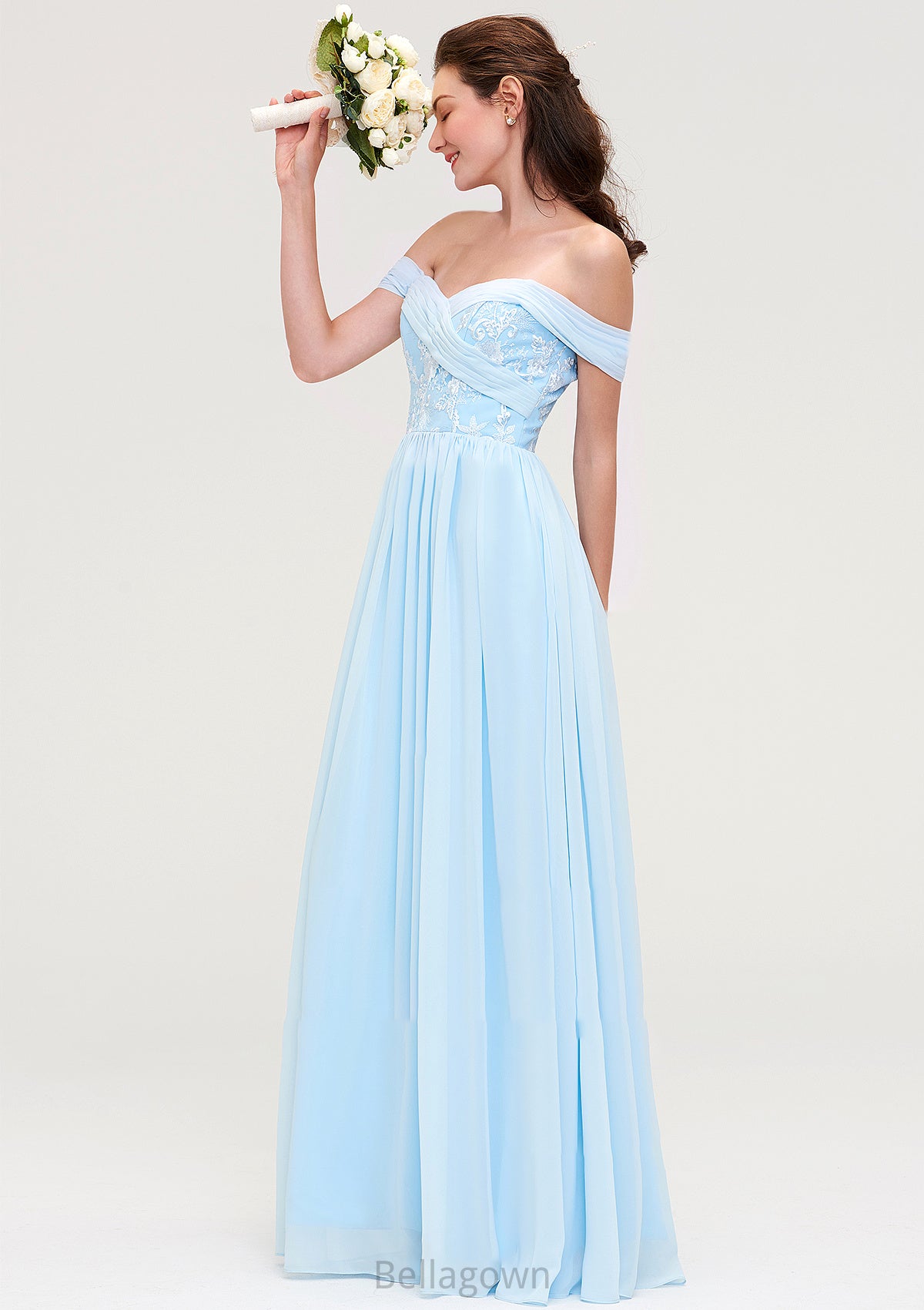 Off-the-Shoulder Sleeveless Chiffon A-line/Princess Long/Floor-Length Bridesmaid Dresseses With Pleated Appliqued Lacey DNP0025431