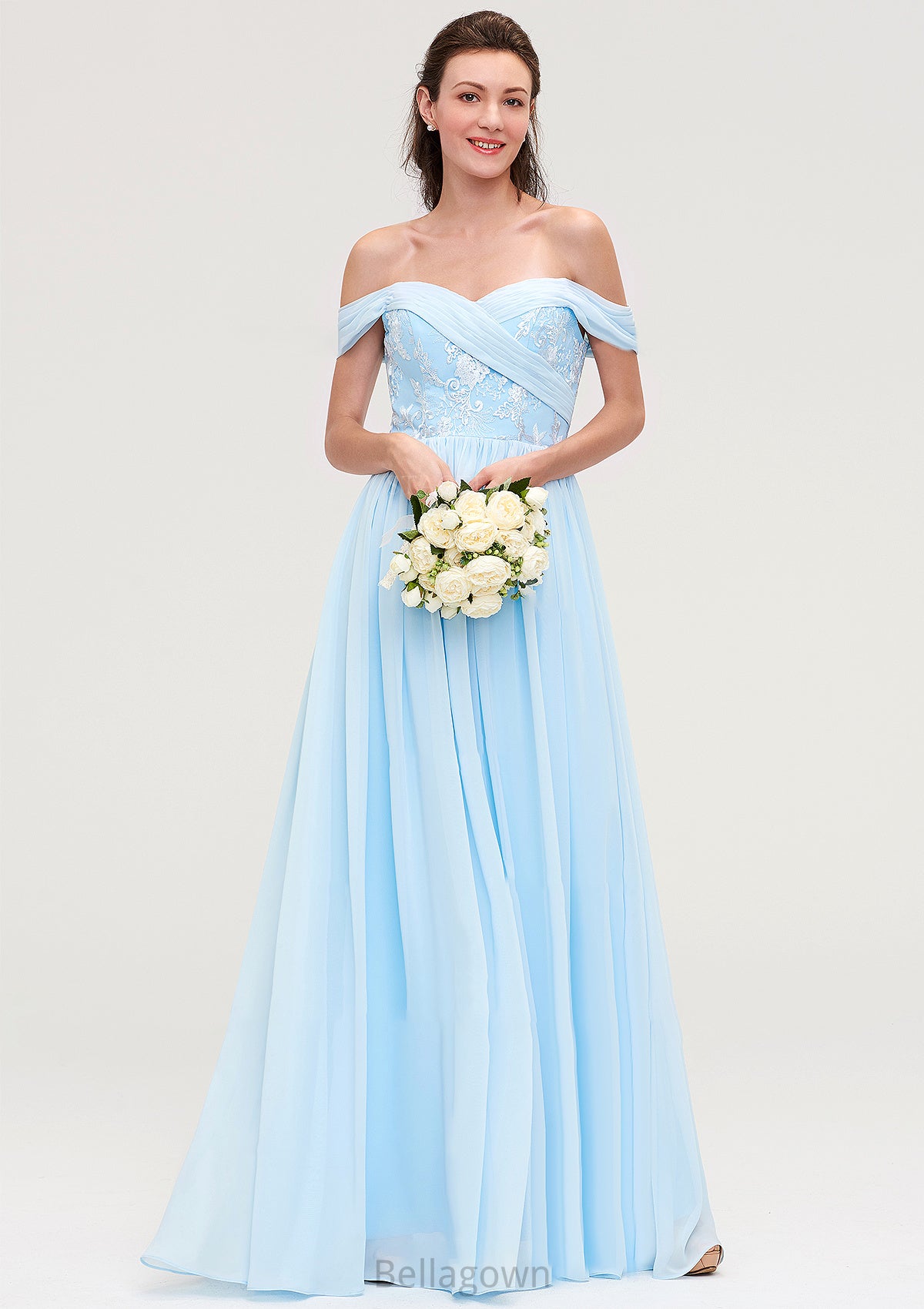 Off-the-Shoulder Sleeveless Chiffon A-line/Princess Long/Floor-Length Bridesmaid Dresseses With Pleated Appliqued Lacey DNP0025431