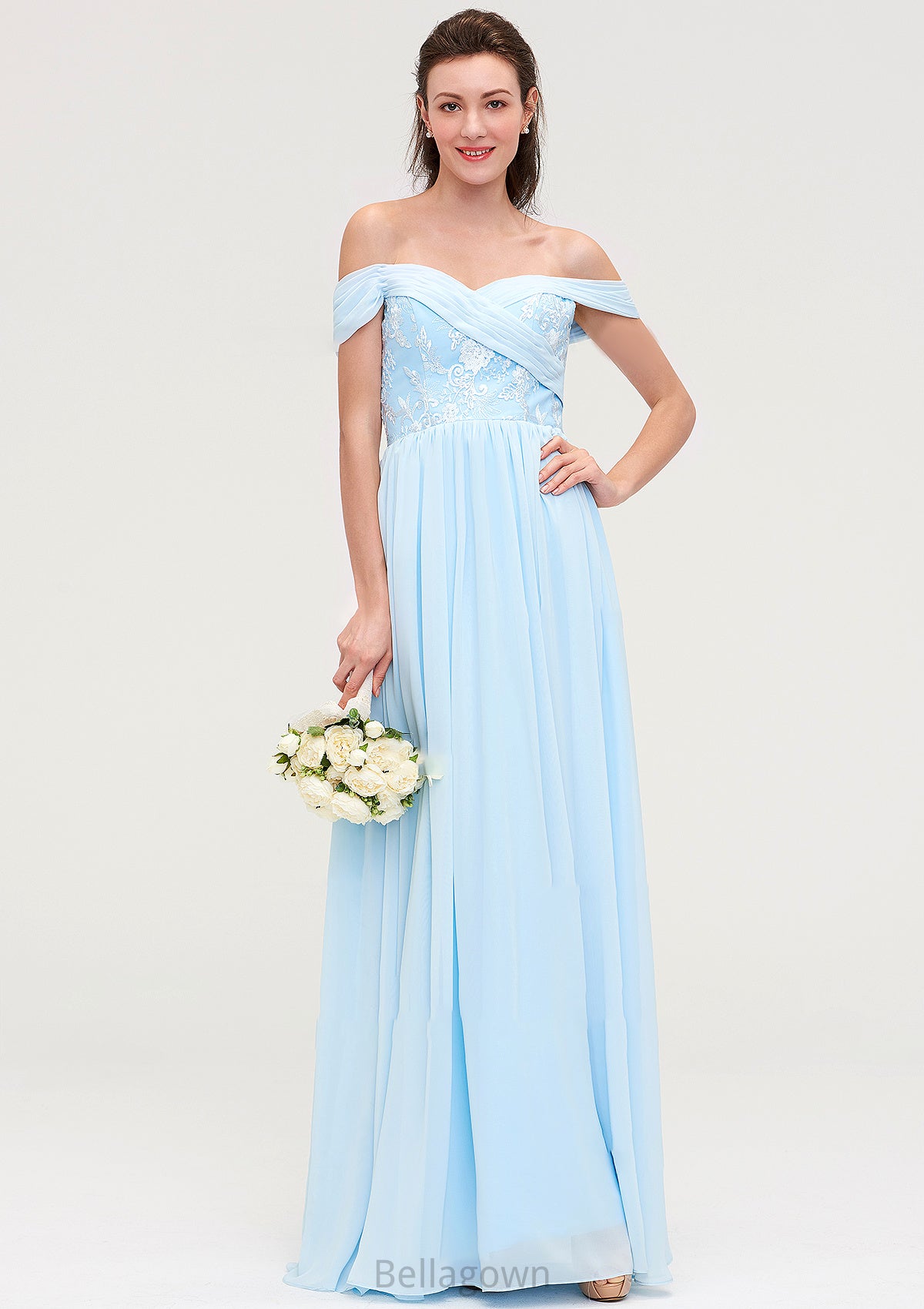 Off-the-Shoulder Sleeveless Chiffon A-line/Princess Long/Floor-Length Bridesmaid Dresseses With Pleated Appliqued Lacey DNP0025431