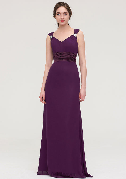 Sleeveless V Neck Long/Floor-Length Sheath/Column Chiffon Bridesmaid Dresses With Sashes Beading Pleated Mackenzie DNP0025432