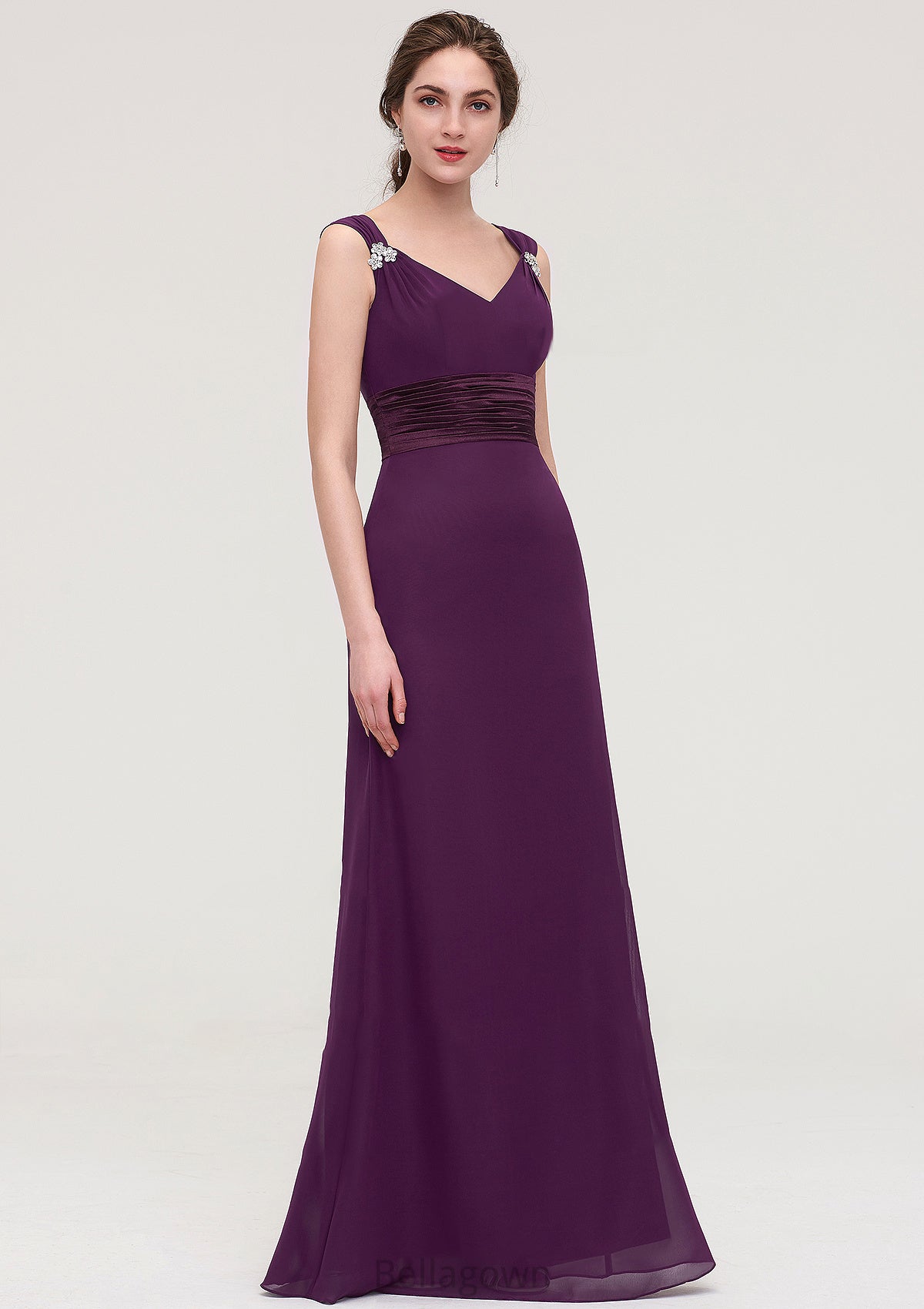 Sleeveless V Neck Long/Floor-Length Sheath/Column Chiffon Bridesmaid Dresses With Sashes Beading Pleated Mackenzie DNP0025432