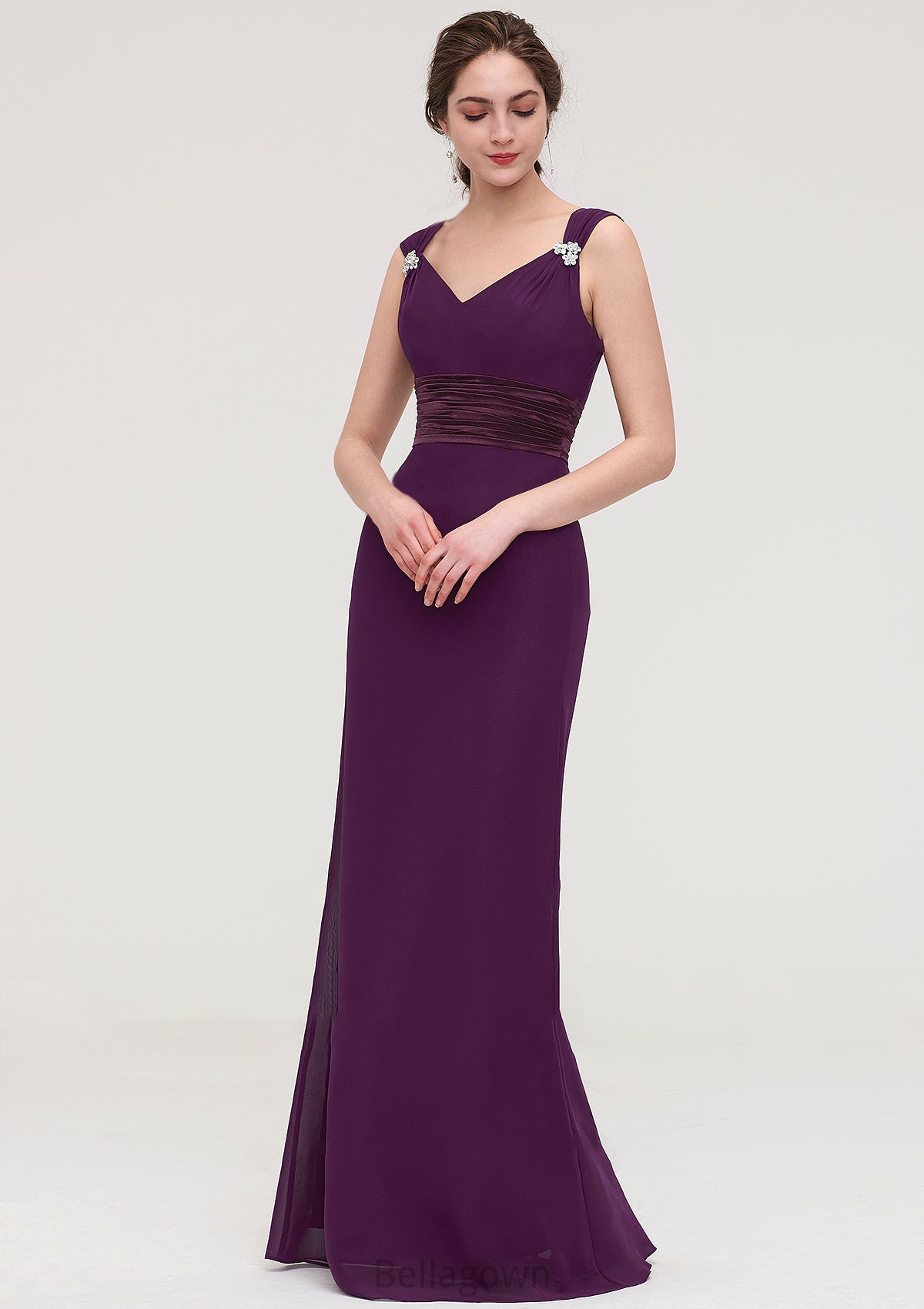 Sleeveless V Neck Long/Floor-Length Sheath/Column Chiffon Bridesmaid Dresses With Sashes Beading Pleated Mackenzie DNP0025432