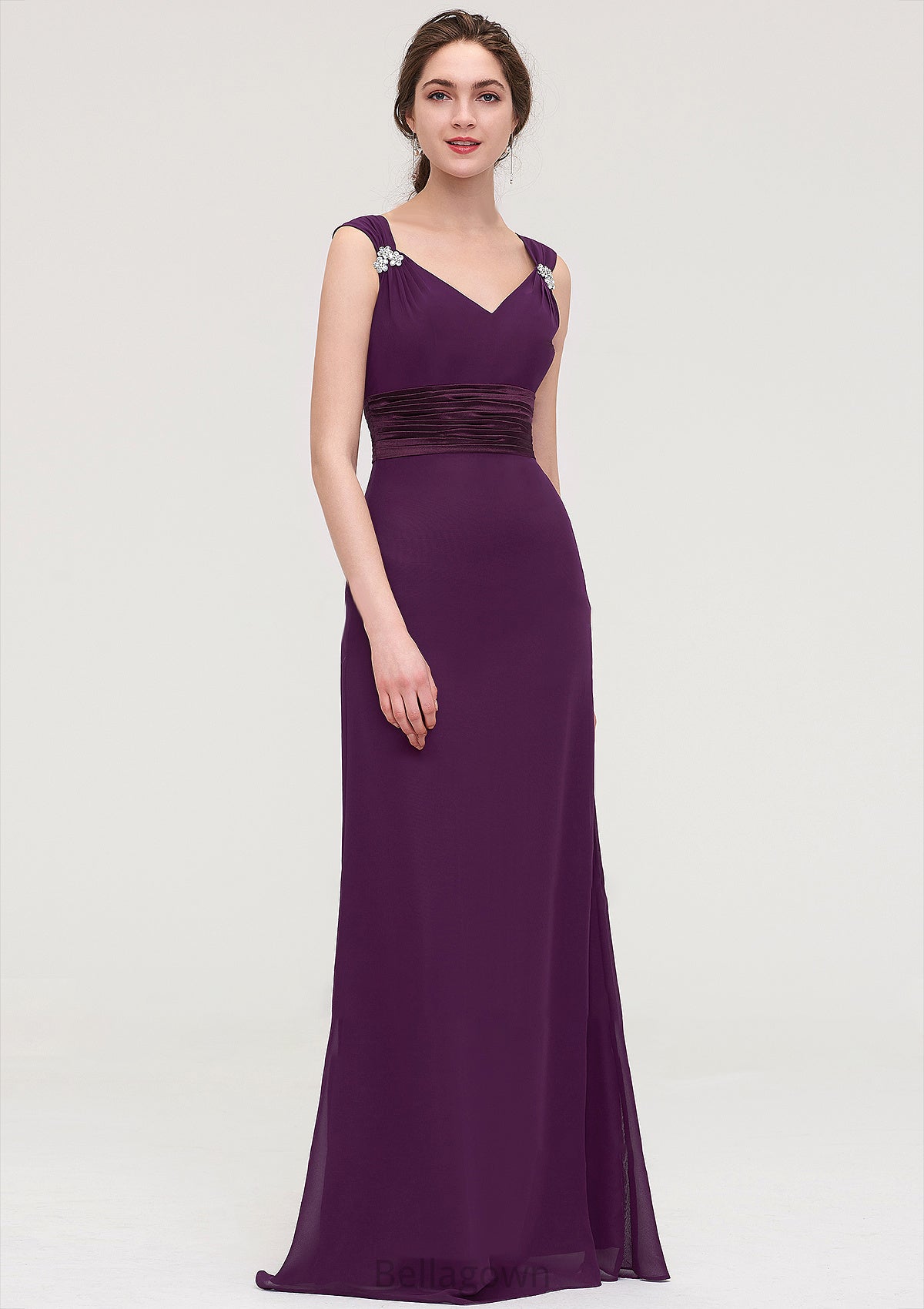 Sleeveless V Neck Long/Floor-Length Sheath/Column Chiffon Bridesmaid Dresses With Sashes Beading Pleated Mackenzie DNP0025432