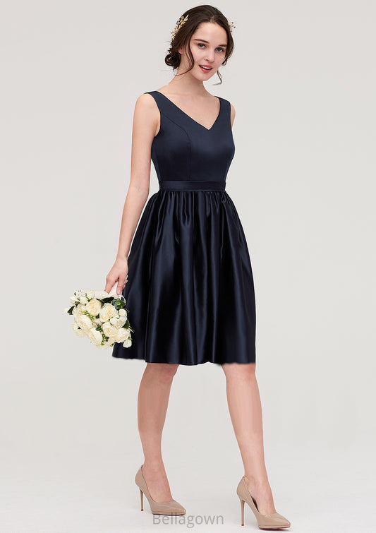 V Neck Sleeveless A-line/Princess Knee-Length Satin Bridesmaid Dresses With Pleated Sara DNP0025433