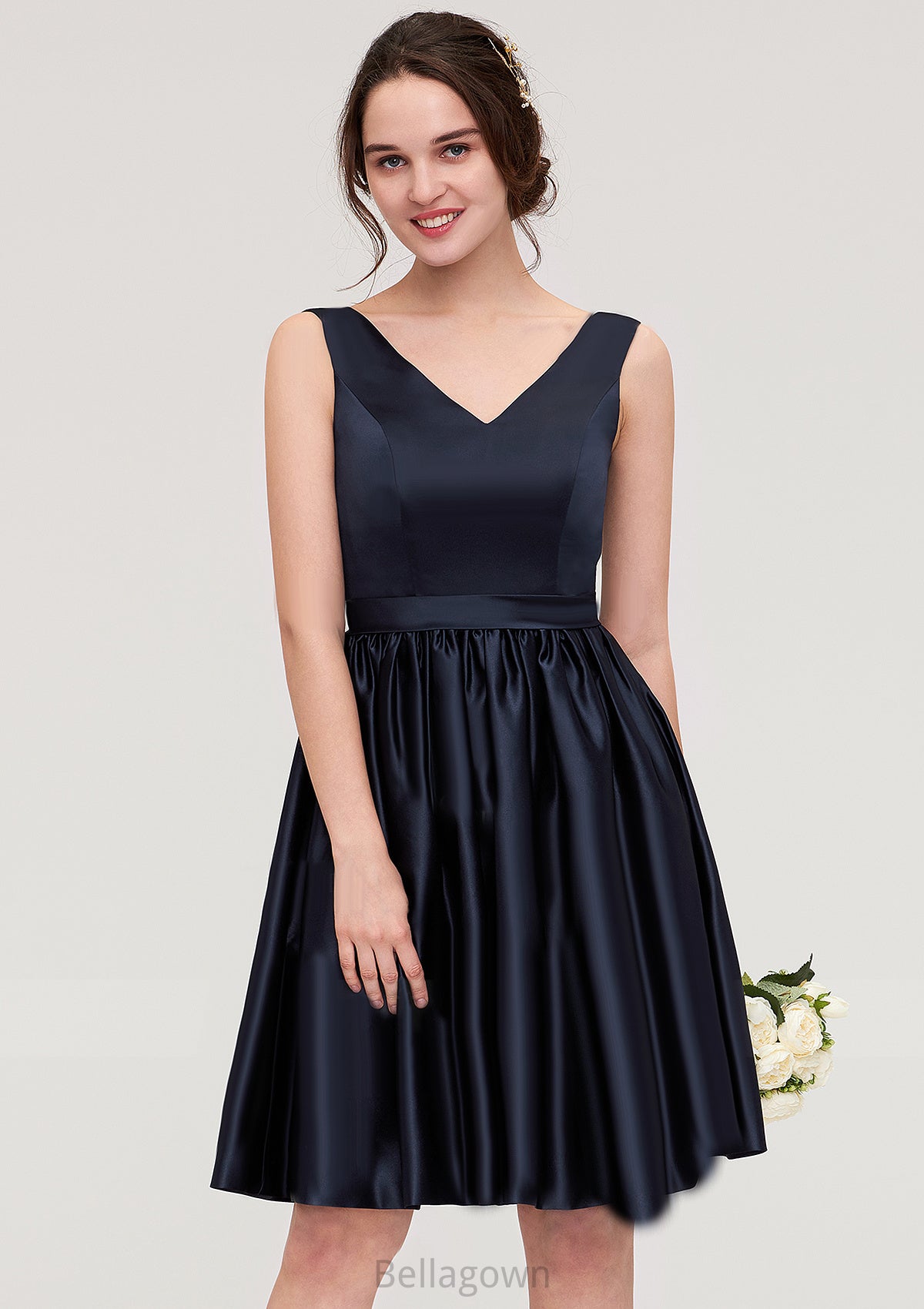 V Neck Sleeveless A-line/Princess Knee-Length Satin Bridesmaid Dresses With Pleated Sara DNP0025433