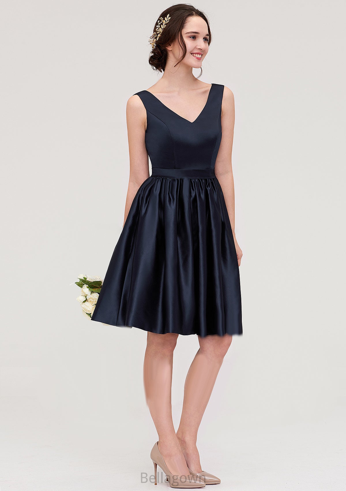 V Neck Sleeveless A-line/Princess Knee-Length Satin Bridesmaid Dresses With Pleated Sara DNP0025433