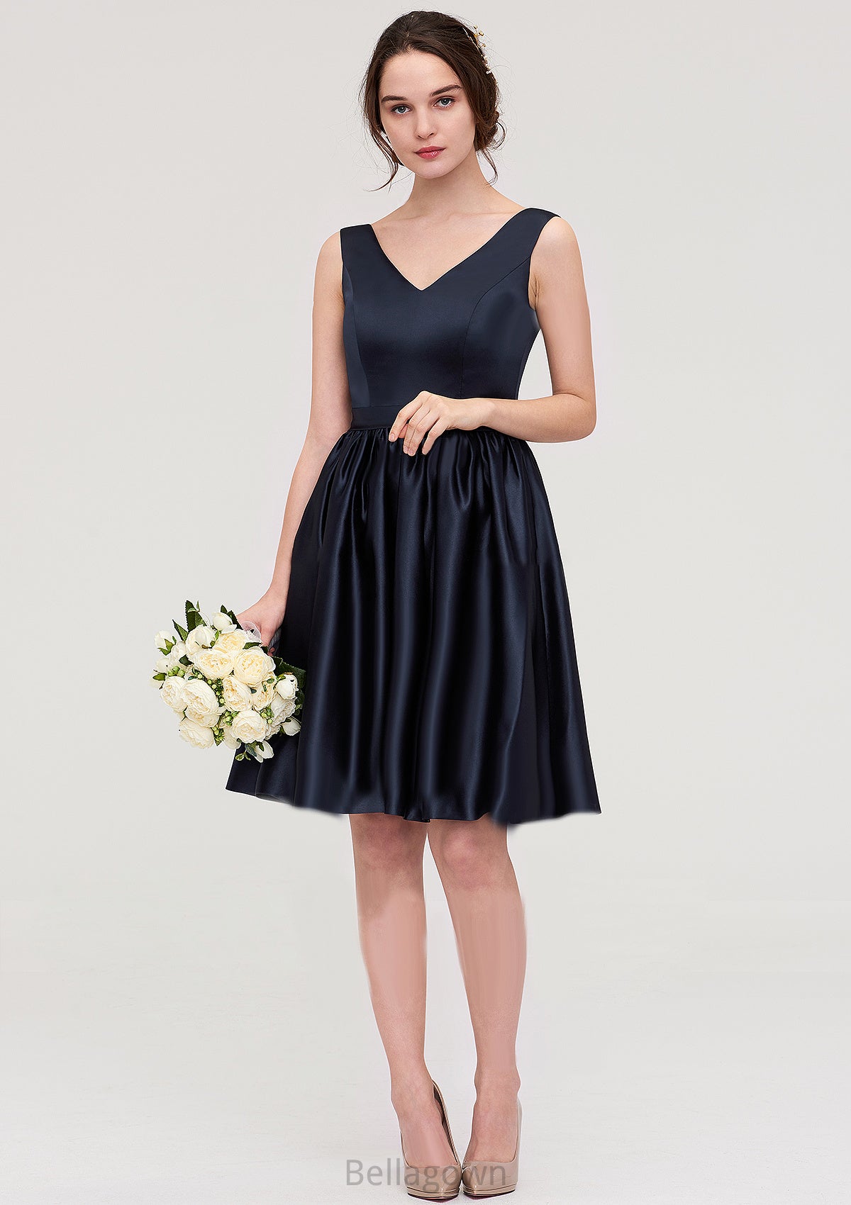 V Neck Sleeveless A-line/Princess Knee-Length Satin Bridesmaid Dresses With Pleated Sara DNP0025433