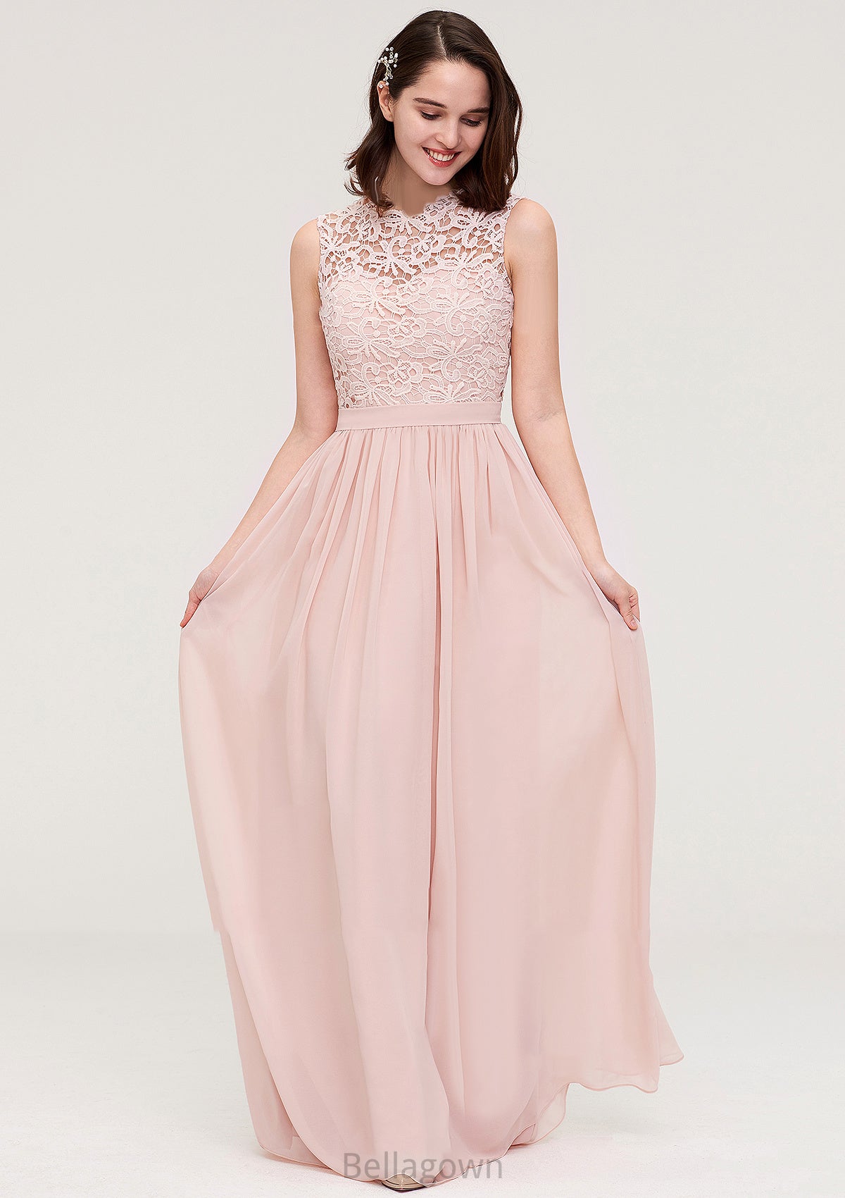 Sleeveless Scalloped Neck Long/Floor-Length Chiffon A-line/Princess Bridesmaid Dresses With Lace Gloria DNP0025434