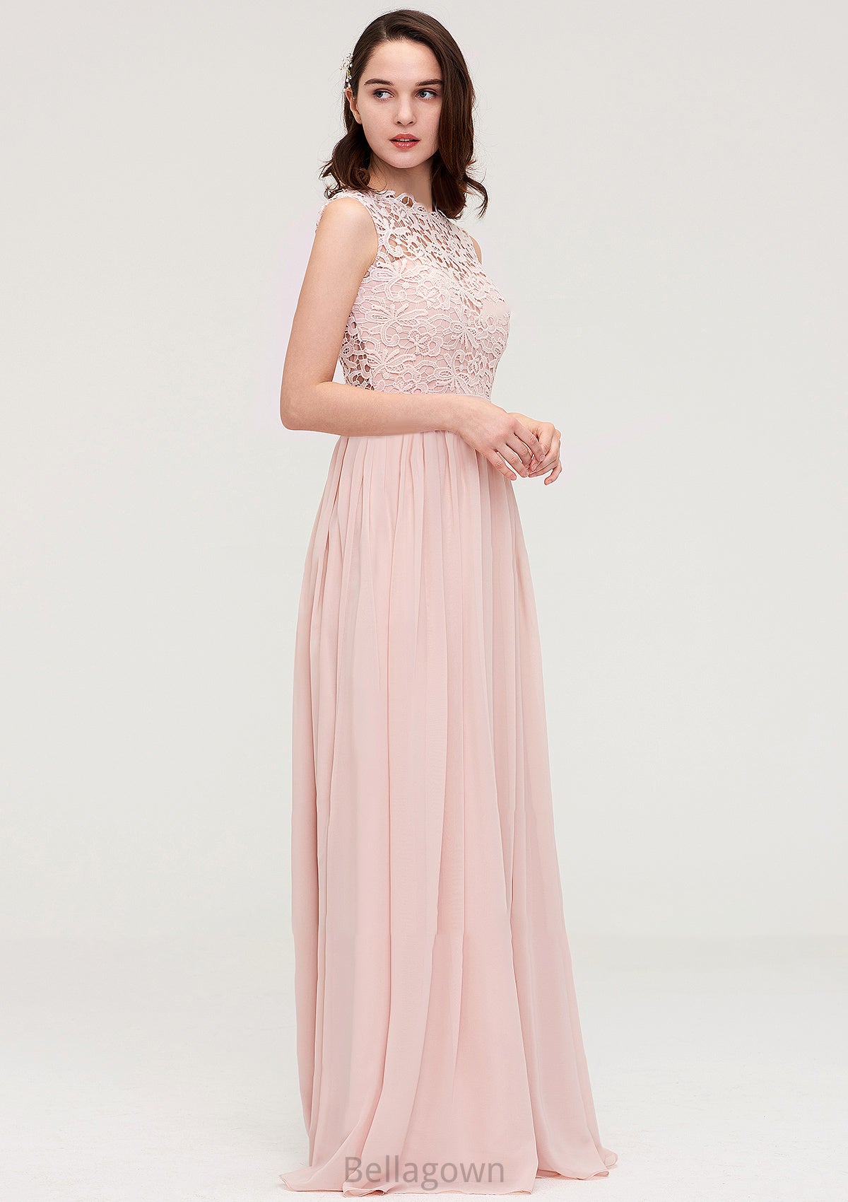 Sleeveless Scalloped Neck Long/Floor-Length Chiffon A-line/Princess Bridesmaid Dresses With Lace Gloria DNP0025434