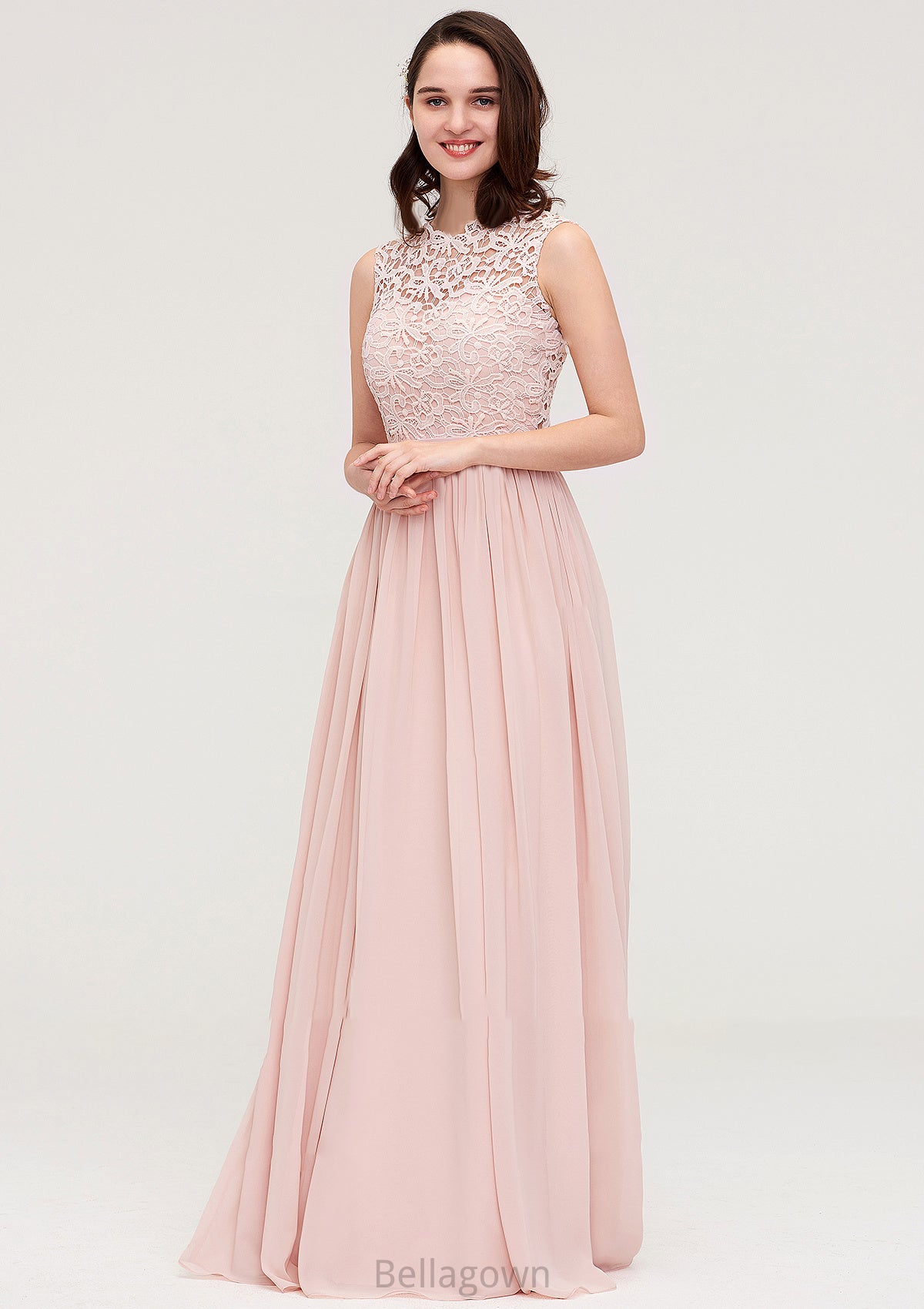 Sleeveless Scalloped Neck Long/Floor-Length Chiffon A-line/Princess Bridesmaid Dresses With Lace Gloria DNP0025434