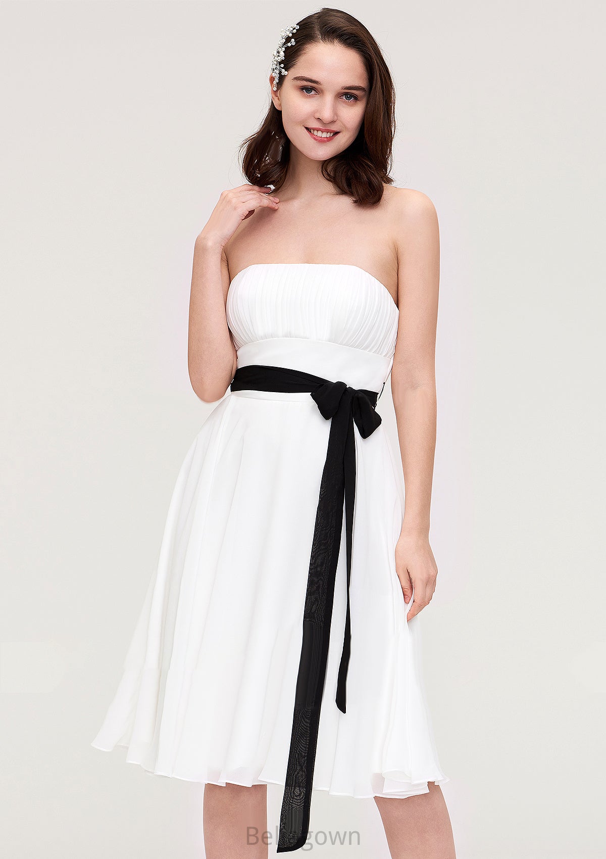 Strapless Sleeveless Knee-Length Chiffon A-line/Princess Bridesmaid Dresses With Pleated Sashes Amy DNP0025436