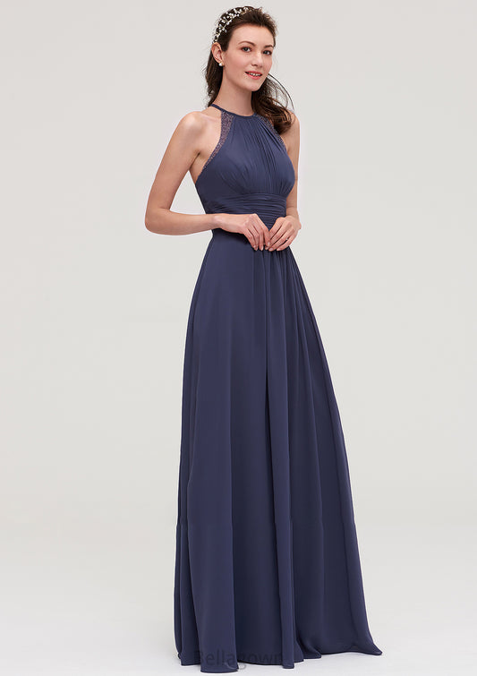 Scoop Neck Sleeveless A-line/Princess Chiffon Long/Floor-Length Bridesmaid Dresseses With Pleated Appliqued Jordin DNP0025439