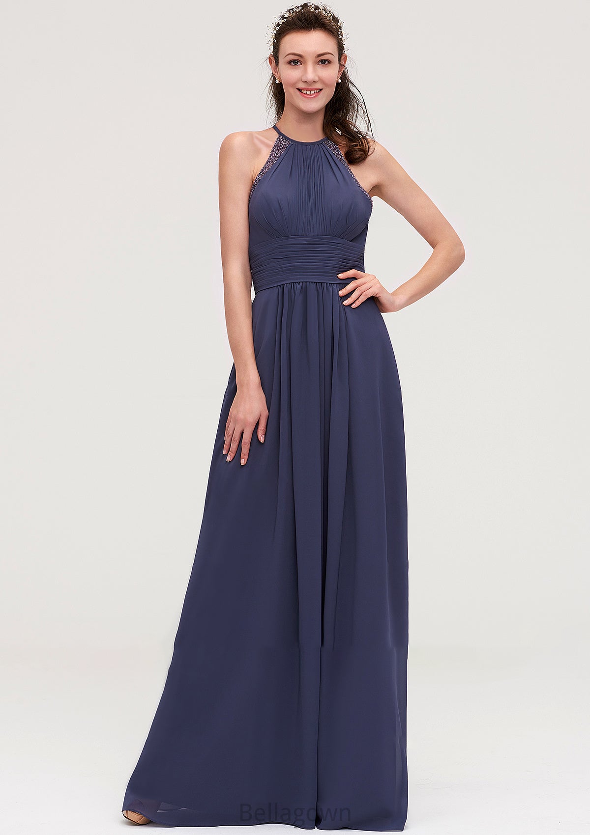 Scoop Neck Sleeveless A-line/Princess Chiffon Long/Floor-Length Bridesmaid Dresseses With Pleated Appliqued Jordin DNP0025439