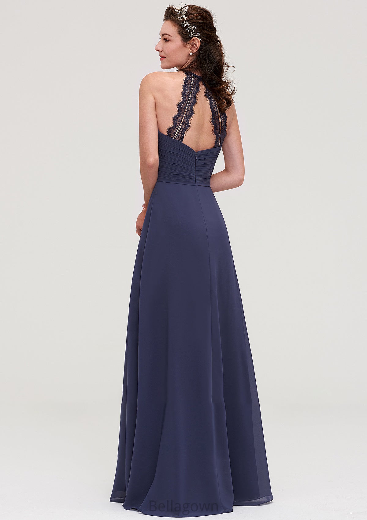 Scoop Neck Sleeveless A-line/Princess Chiffon Long/Floor-Length Bridesmaid Dresseses With Pleated Appliqued Jordin DNP0025439