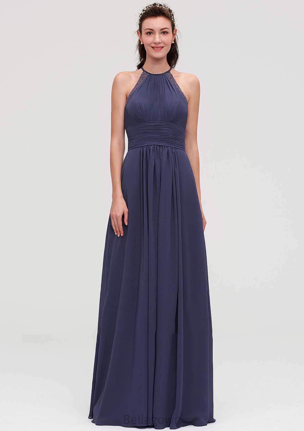 Scoop Neck Sleeveless A-line/Princess Chiffon Long/Floor-Length Bridesmaid Dresseses With Pleated Appliqued Jordin DNP0025439