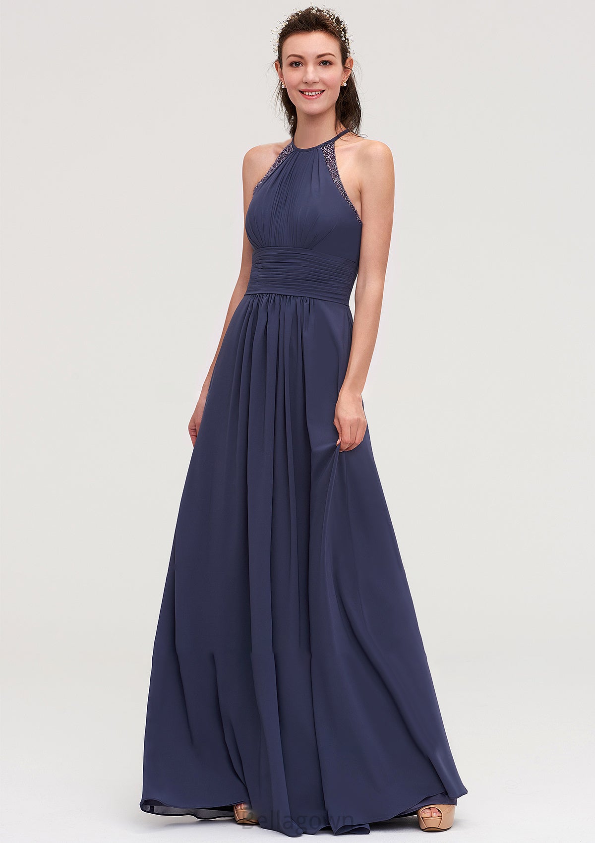 Scoop Neck Sleeveless A-line/Princess Chiffon Long/Floor-Length Bridesmaid Dresseses With Pleated Appliqued Jordin DNP0025439