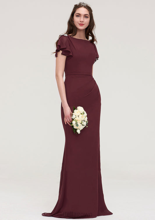 Short Sleeve Bateau Long/Floor-Length Sheath/Column Chiffon Bridesmaid Dresses With Crystal Detailing Sashes Corinne DNP0025440