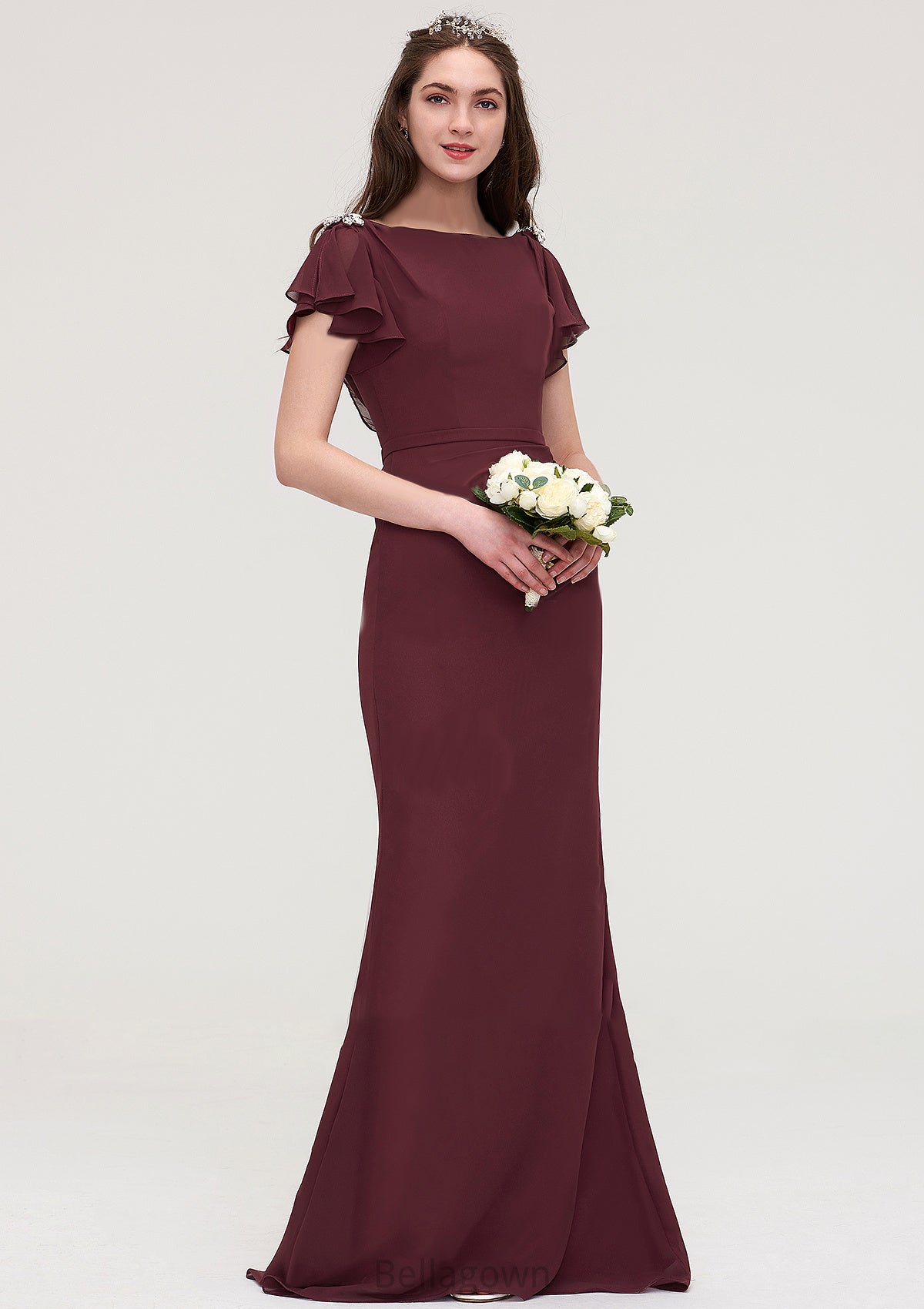 Short Sleeve Bateau Long/Floor-Length Sheath/Column Chiffon Bridesmaid Dresses With Crystal Detailing Sashes Corinne DNP0025440