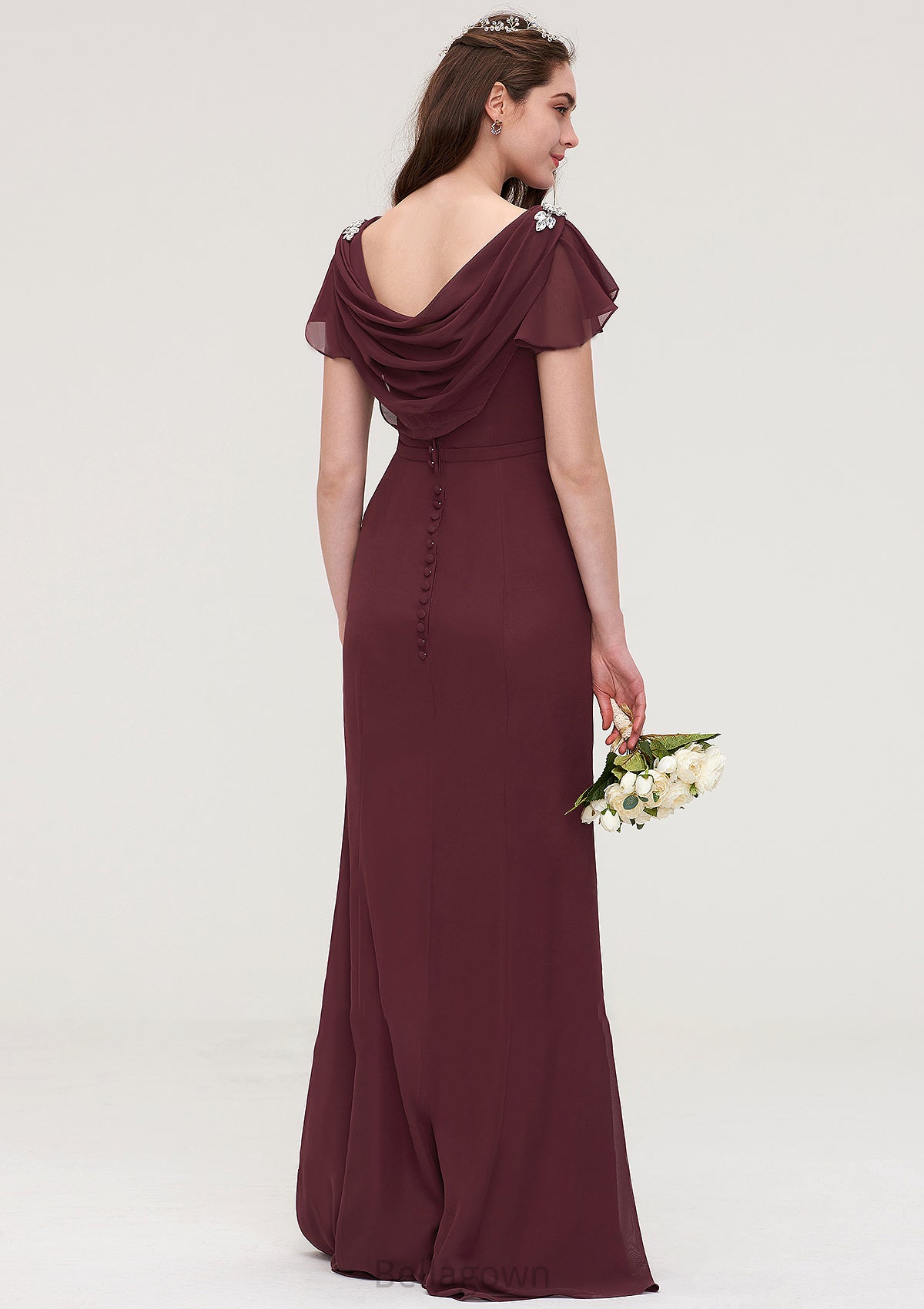 Short Sleeve Bateau Long/Floor-Length Sheath/Column Chiffon Bridesmaid Dresses With Crystal Detailing Sashes Corinne DNP0025440