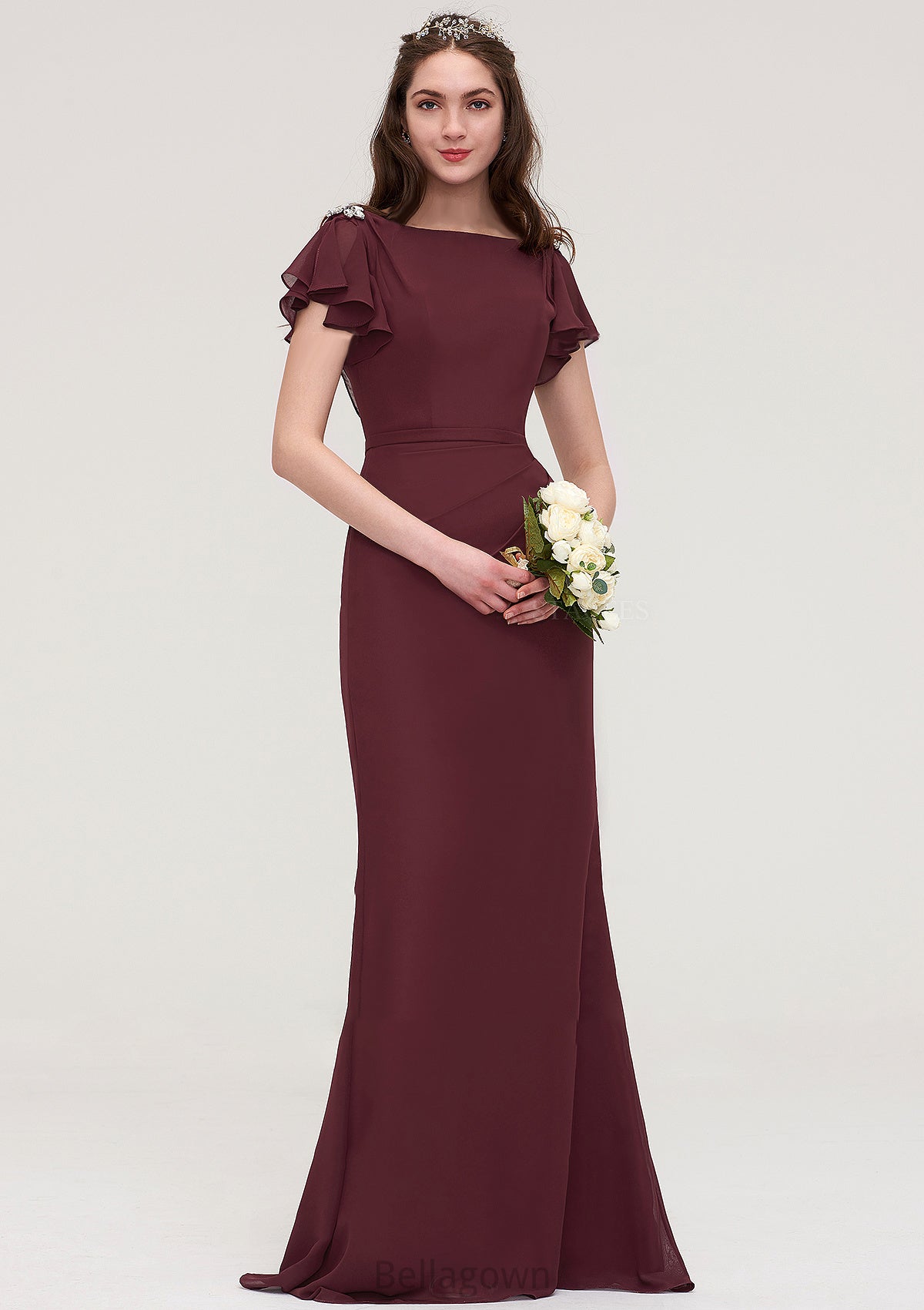 Short Sleeve Bateau Long/Floor-Length Sheath/Column Chiffon Bridesmaid Dresses With Crystal Detailing Sashes Corinne DNP0025440